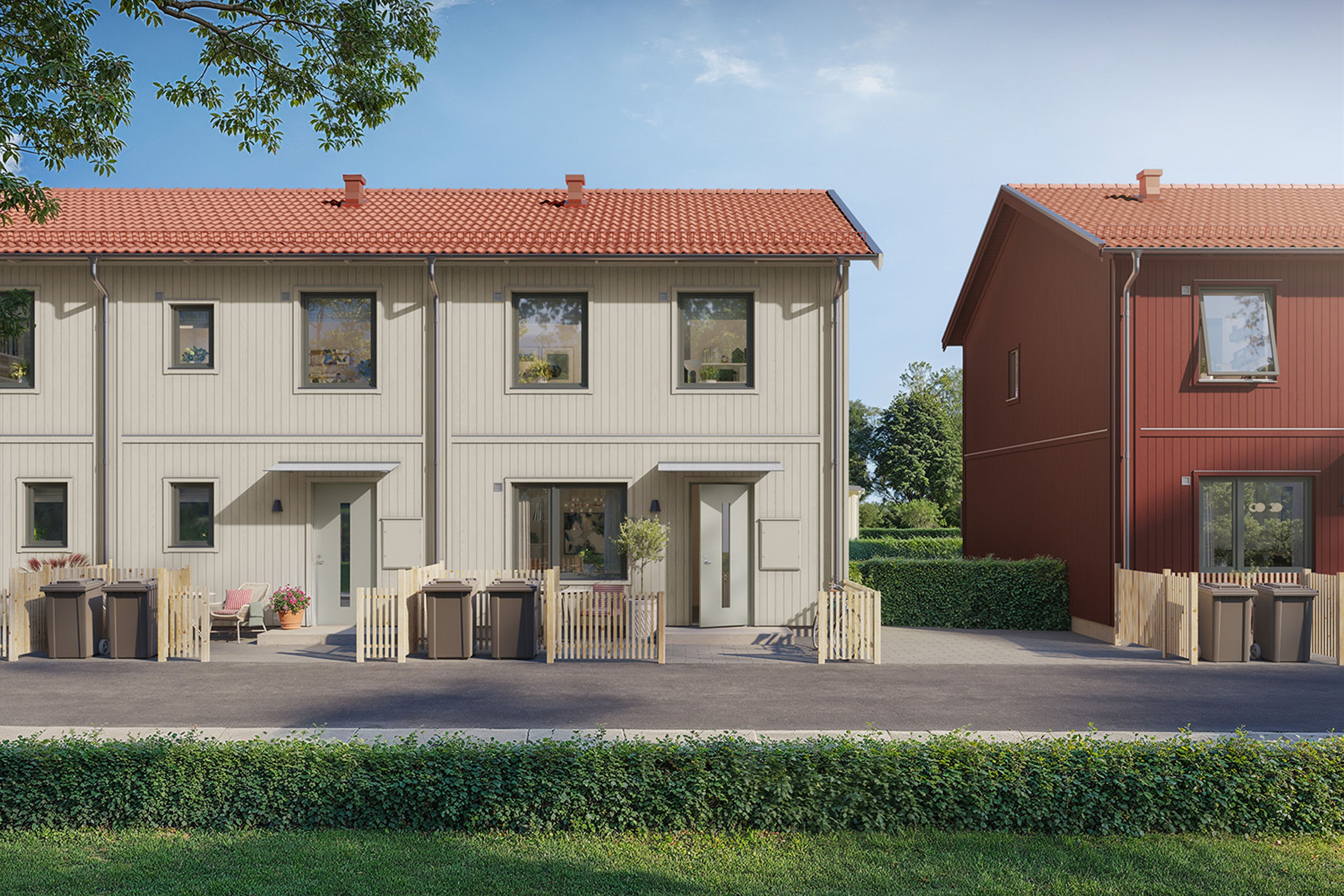 Illustration av entrésidan till två radhuslängor i beige respektive rött