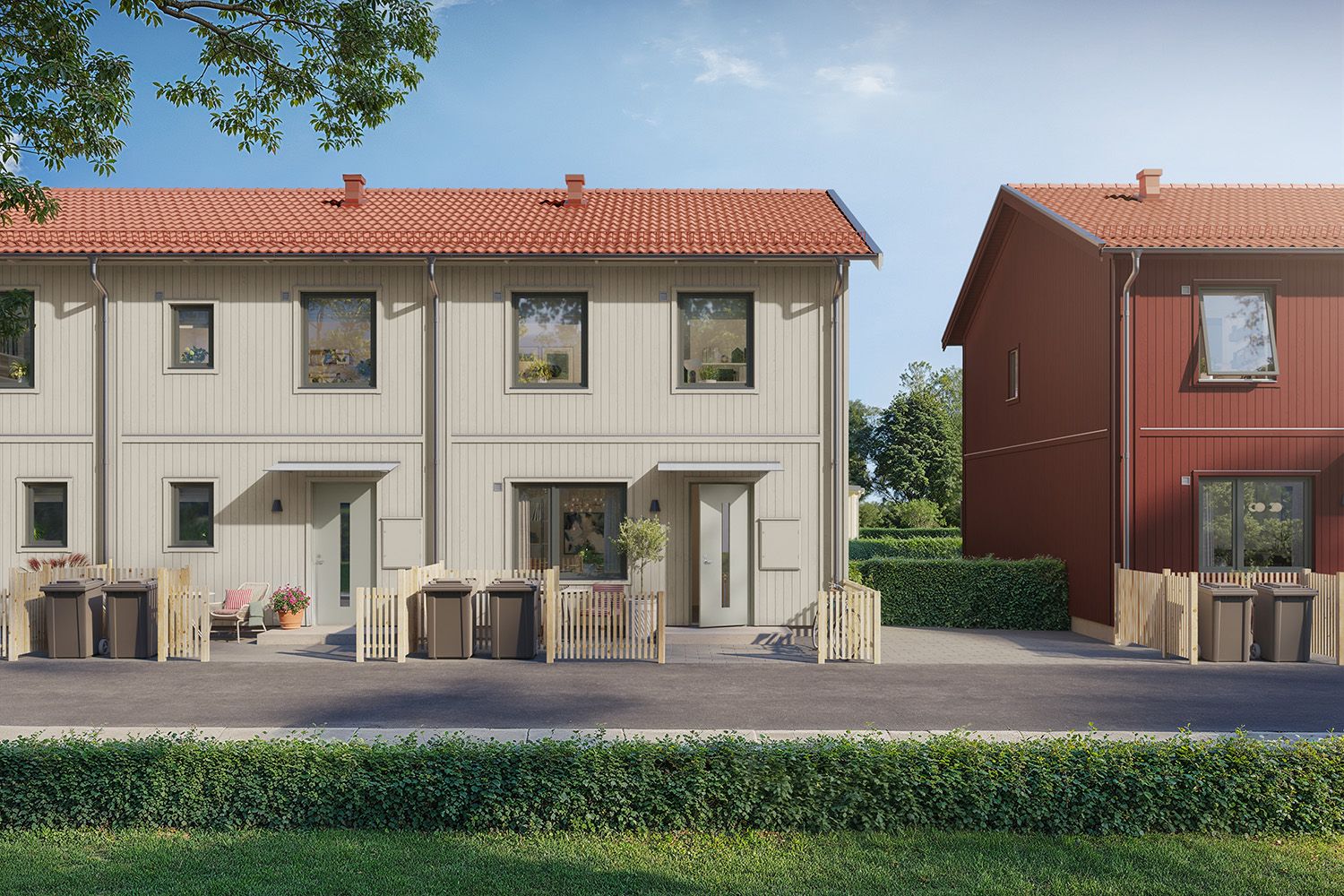 Illustrationsbild av radhuslänga med två våningar i rött och i beige