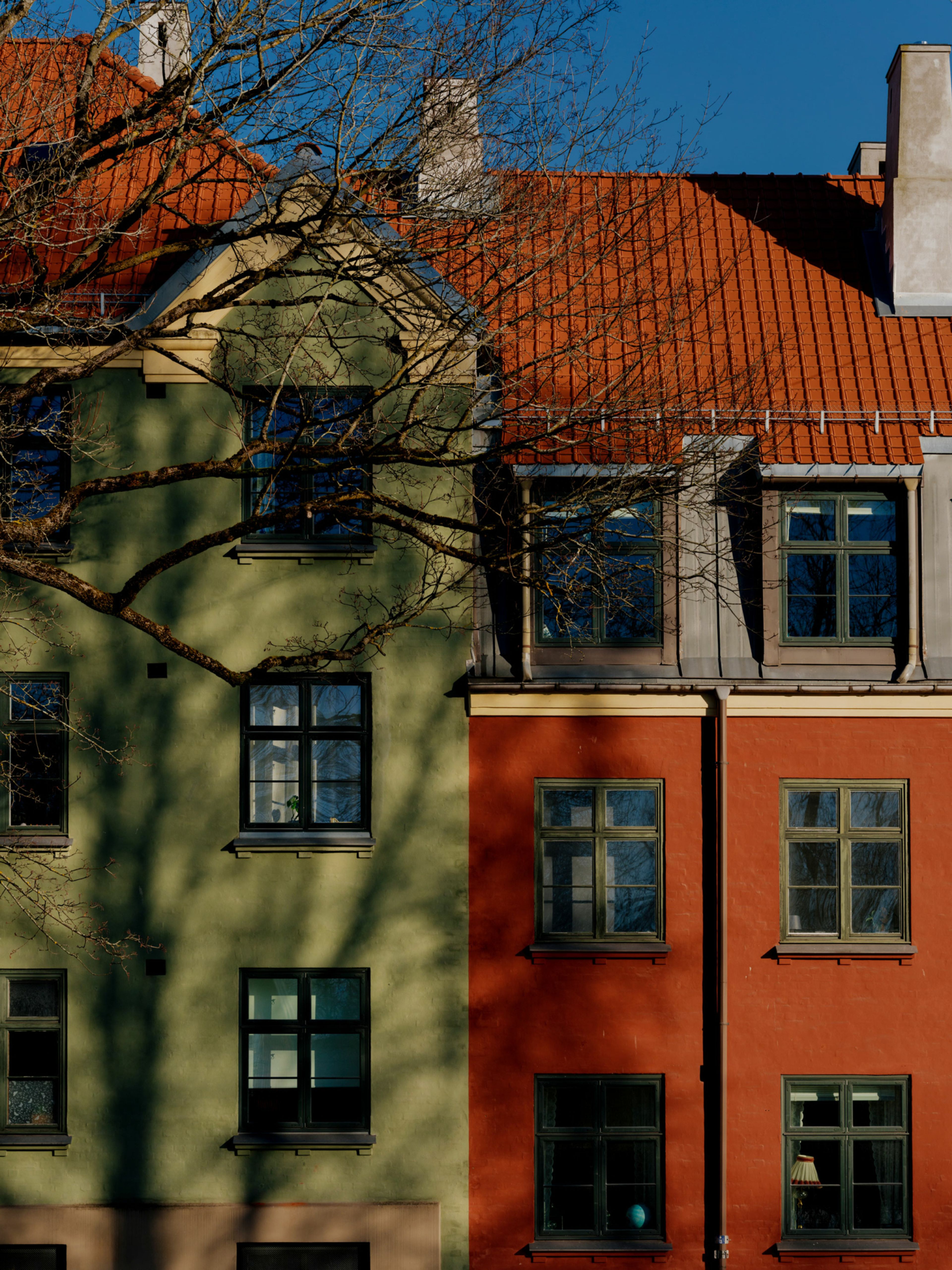 Foto av fasader i grønt og rødt i Uelands Gate i Oslo.