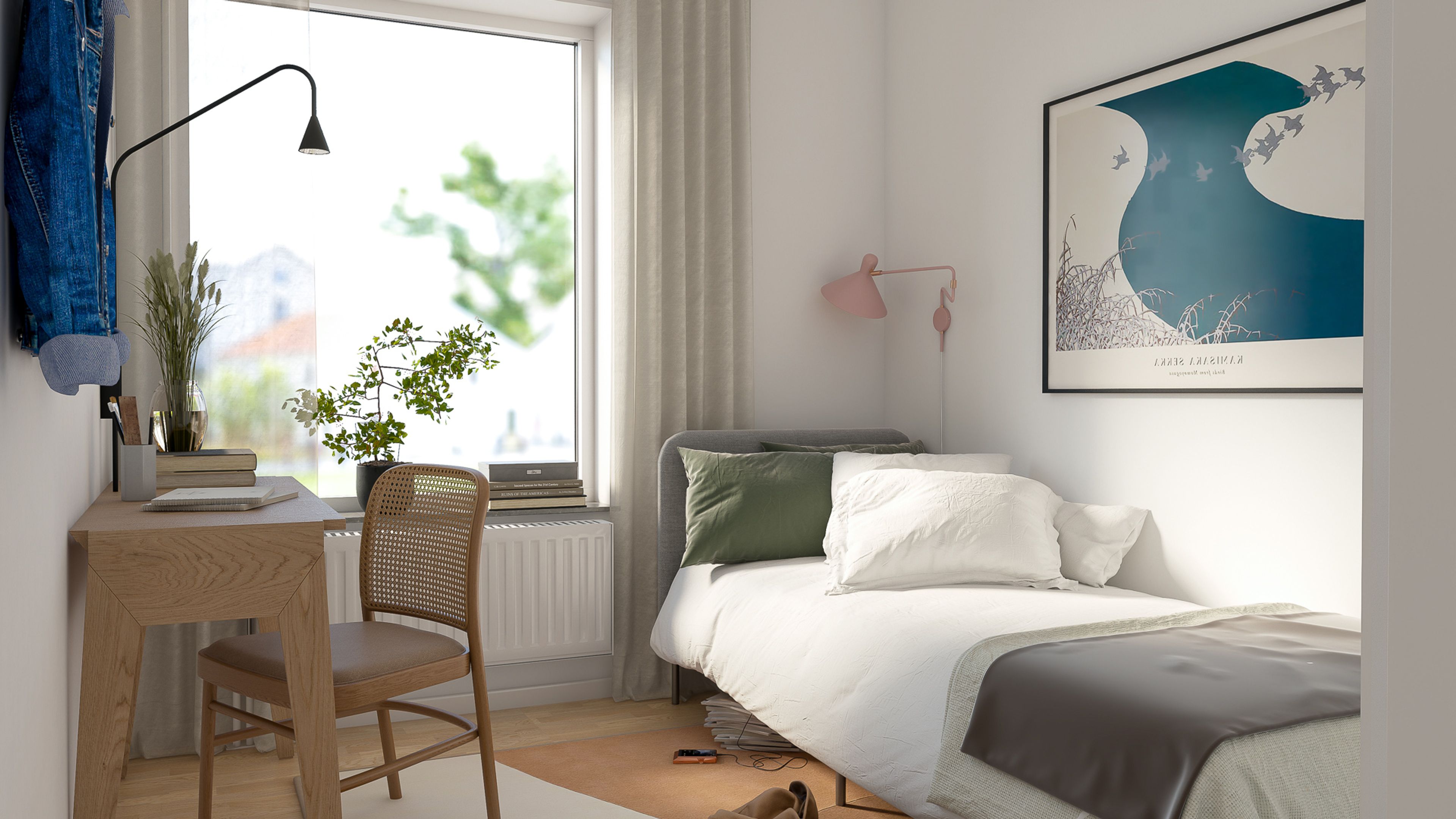Illustration av sovrum med enkelsäng, skrivbord med stol och stort fönster.