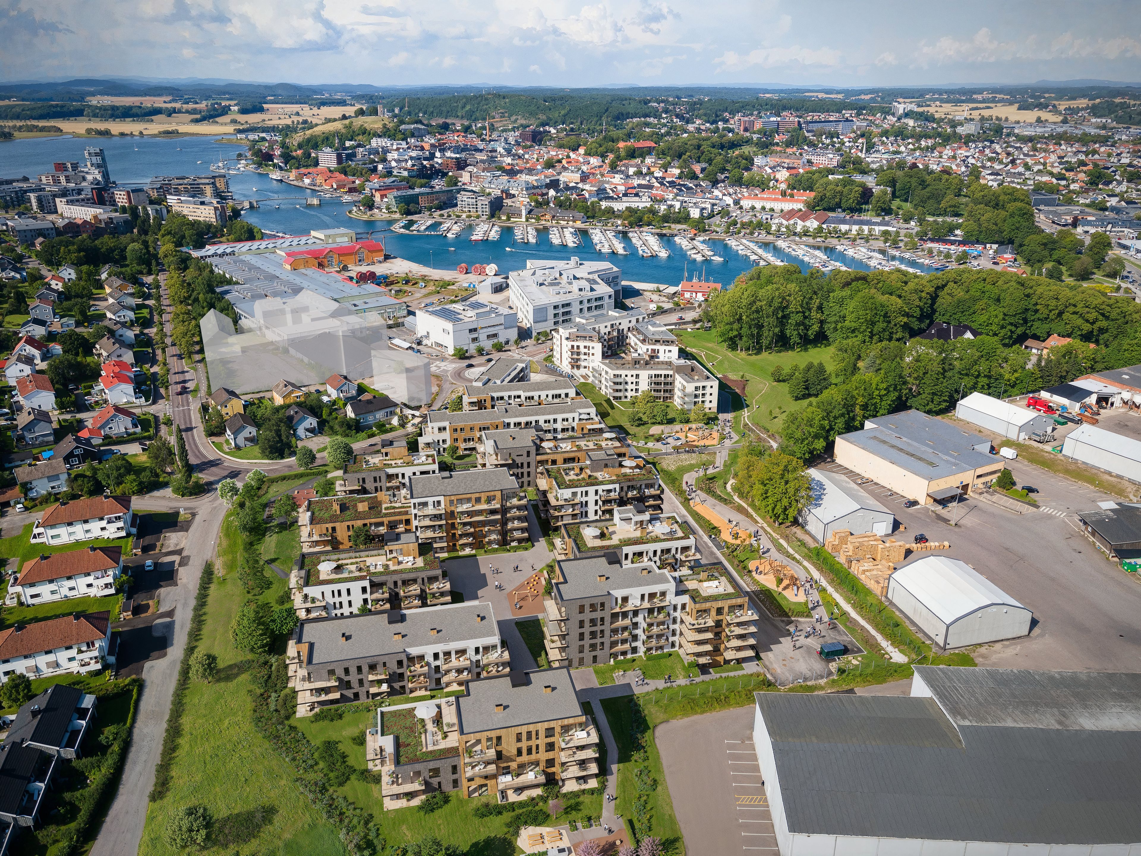 Illustrasjon av boligprosjektet Teieparken i Tønsberg, med eksisterene bebyggelse.