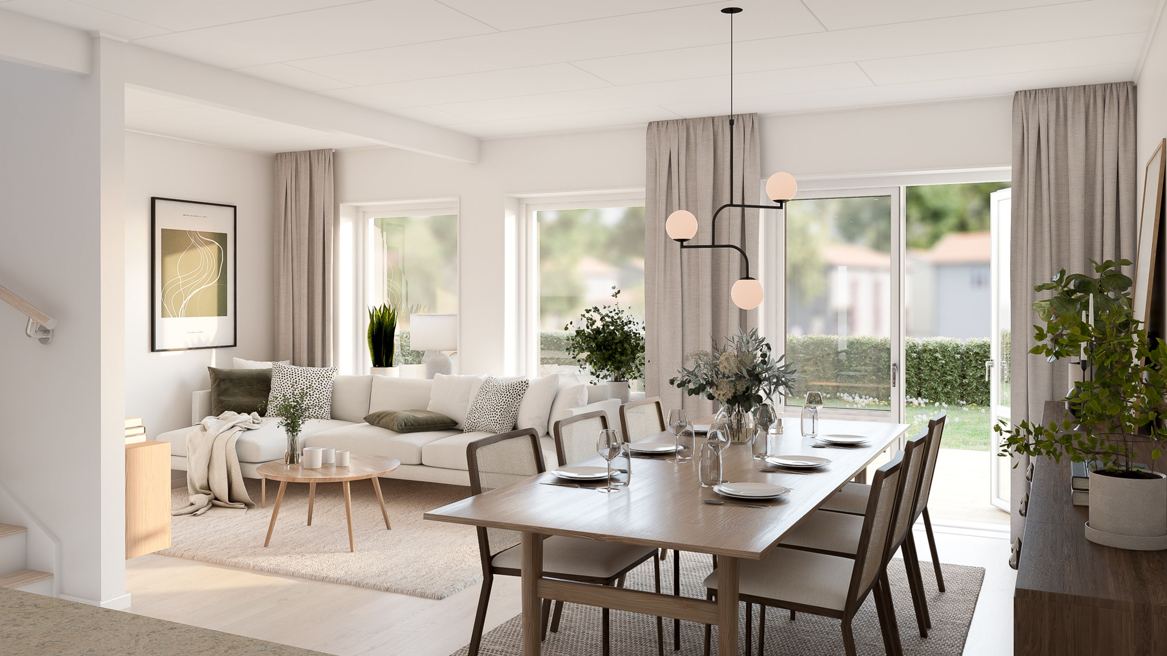 vardagsrum med matplats och soffa