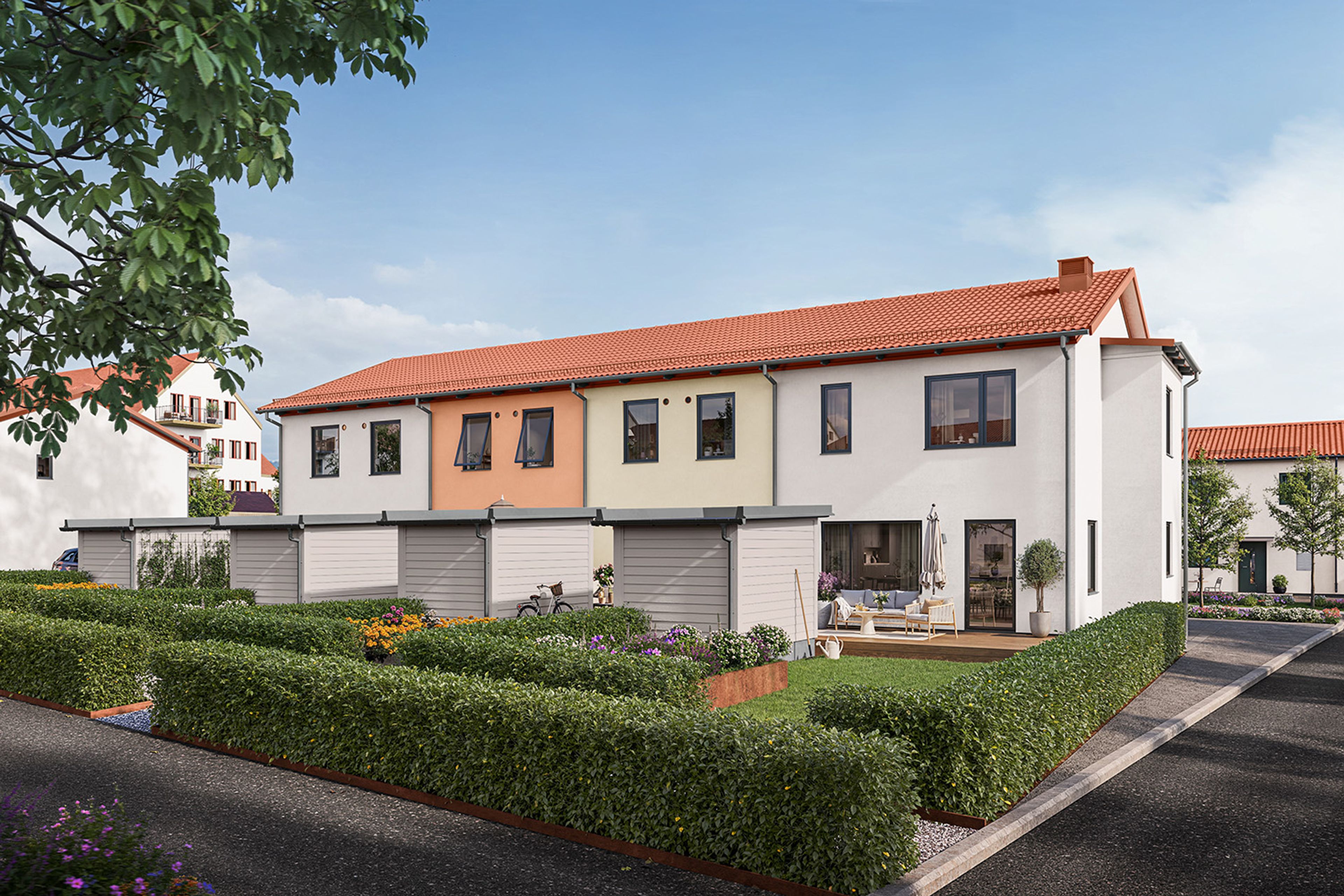 Illustrationsbild av 4 radhus med trädgårdar