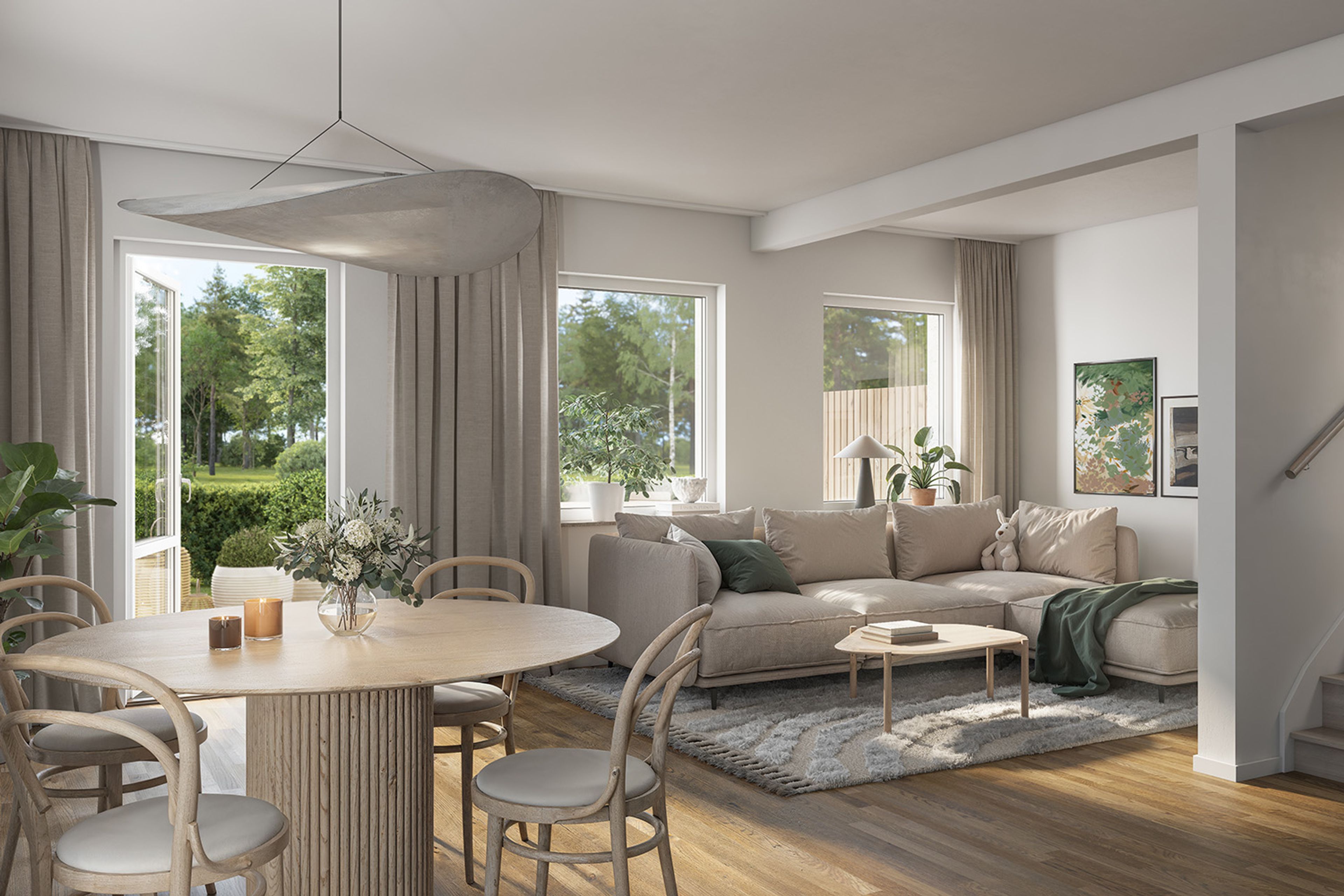 3D illustration av matplats och vardagsrum med altandörr
