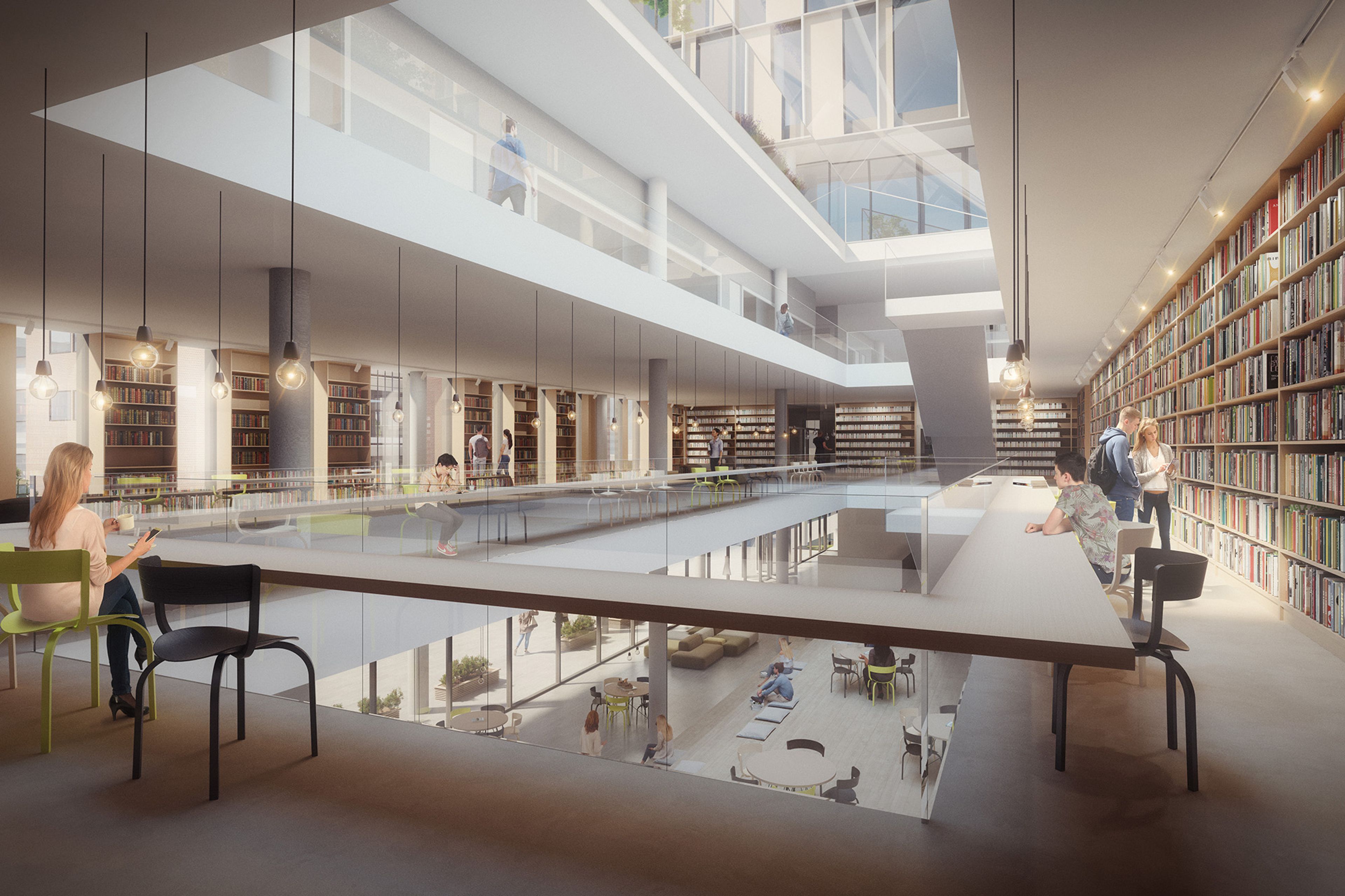 Illustrasjon av biblioteket inne i bygget.