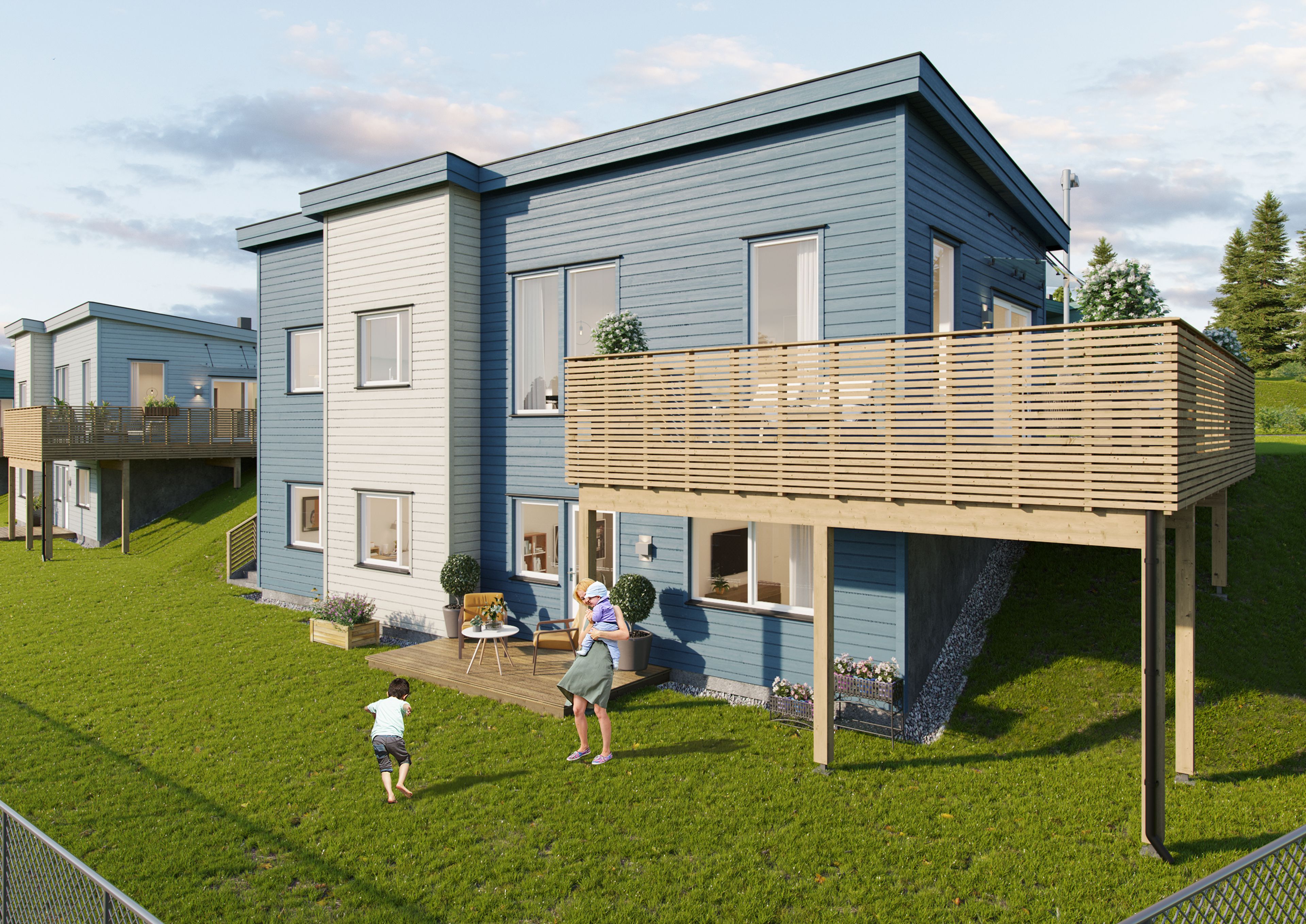 Illustrasjon av fasade på enebolig, hus 12, på Pepperstad Terrasse