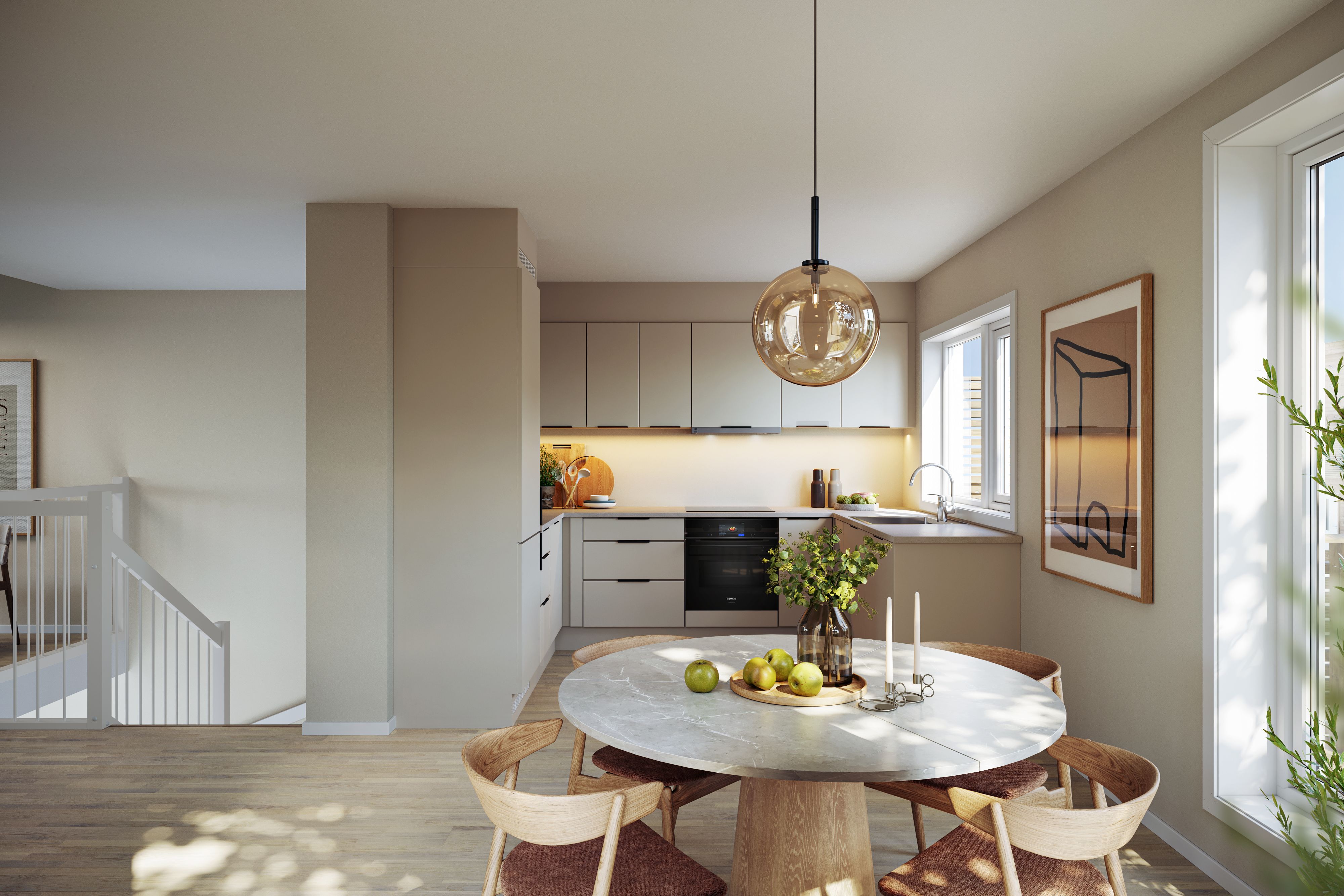 Illustrasjon av kjøkken i rekkehus, hus 7, på Pepperstad Terrasse B6