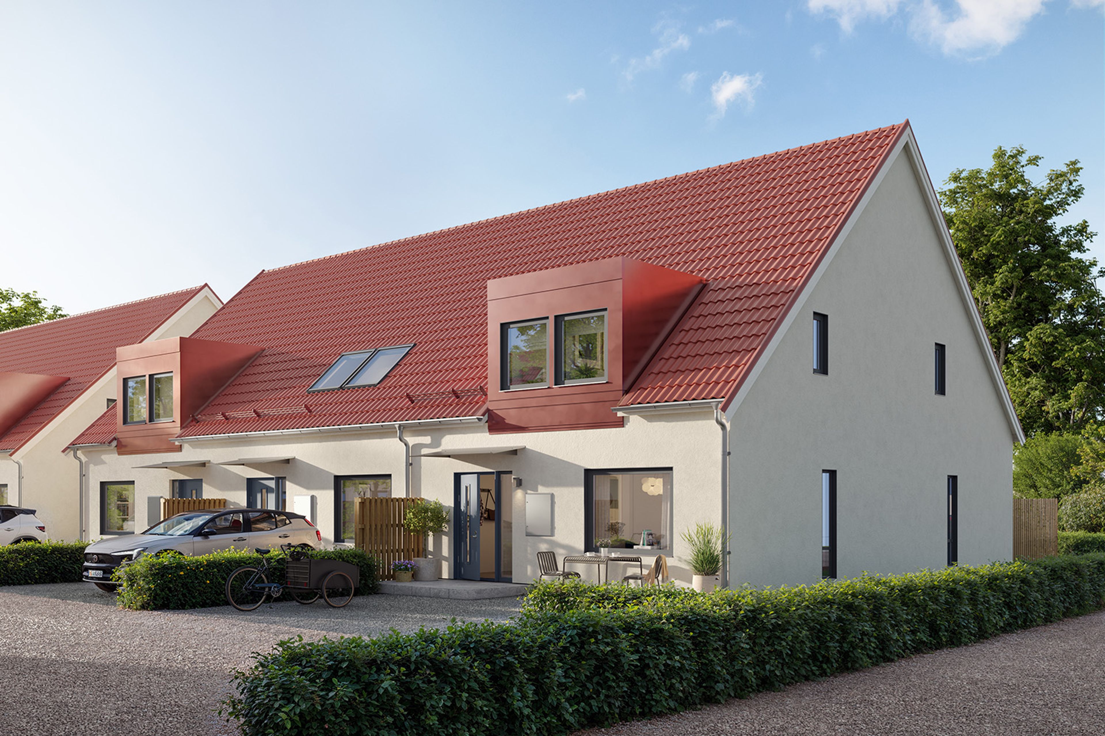 3D illustration av entrésidan på ett rött parhus med vit puts och rött tegeltak