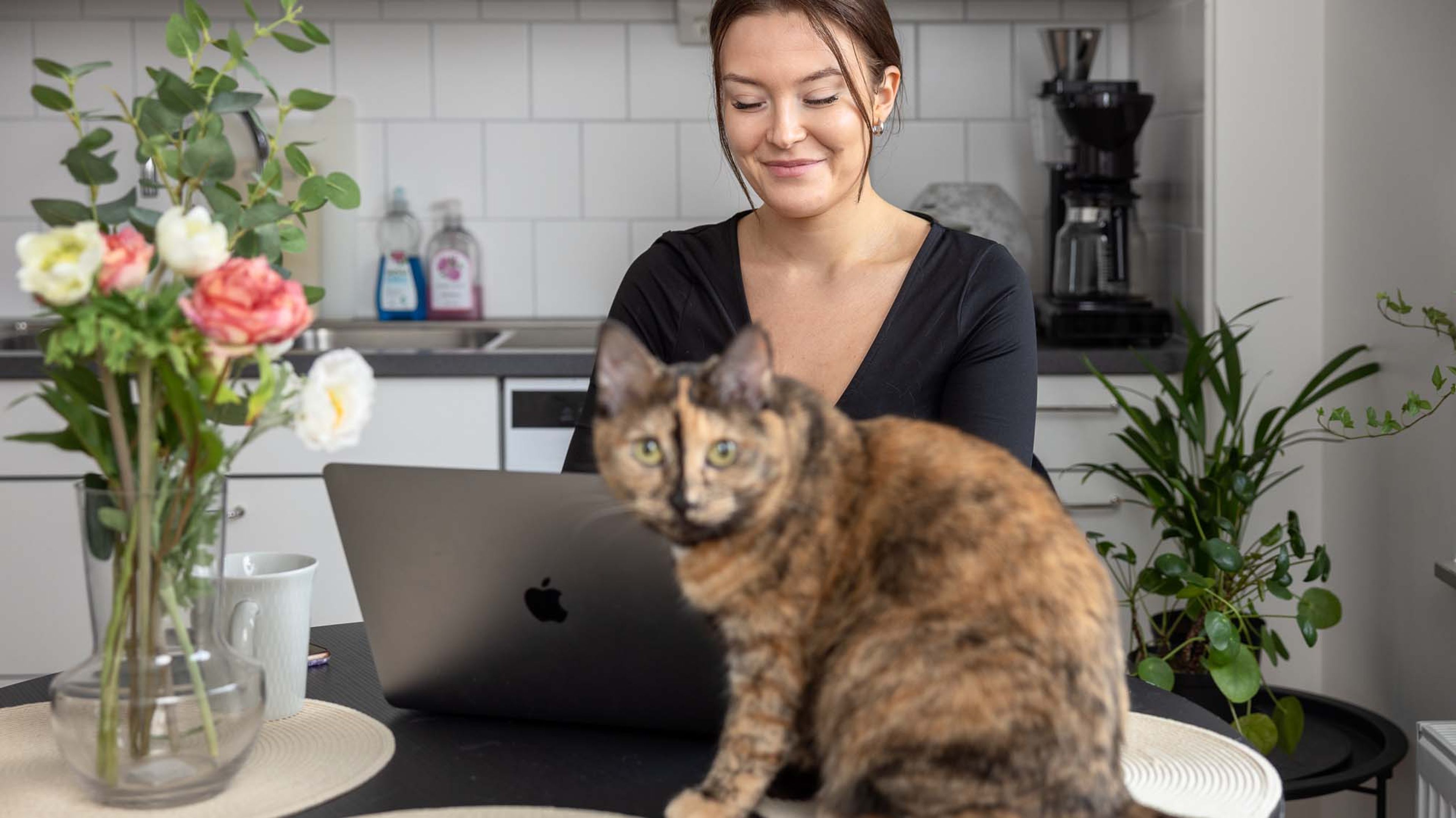 Emma sitter och jobbar vid sin dator med katt