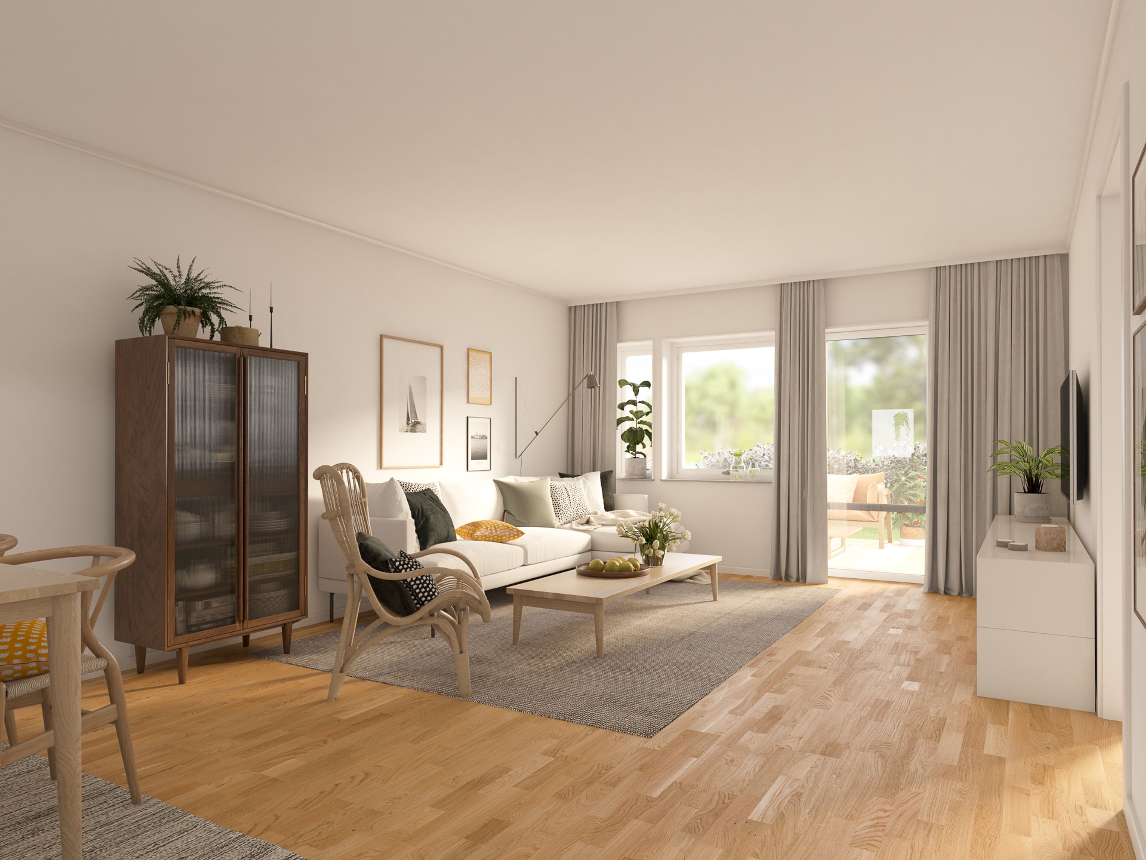 Illustration av vardagsrum i radhus på 82 kvm