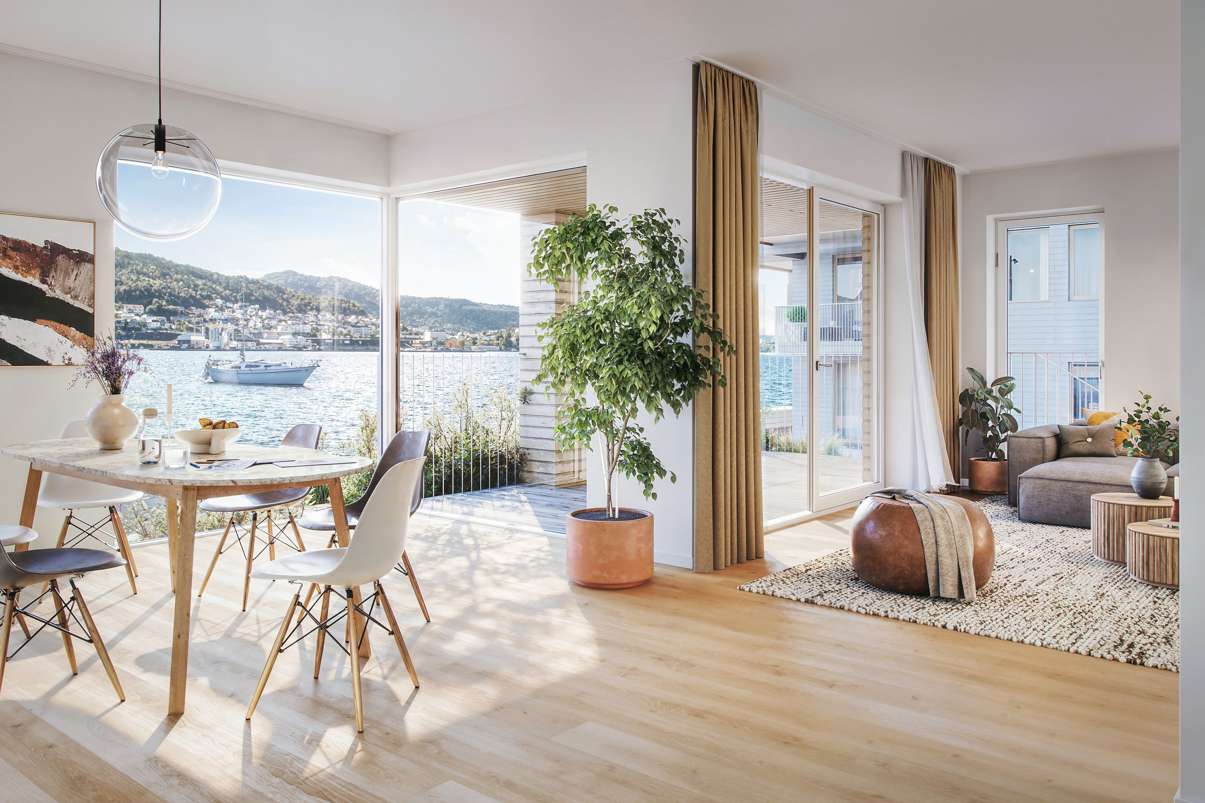 Illustrasjon av spisestue, stue og terrasse i leilighet på Nøstebukten brygge