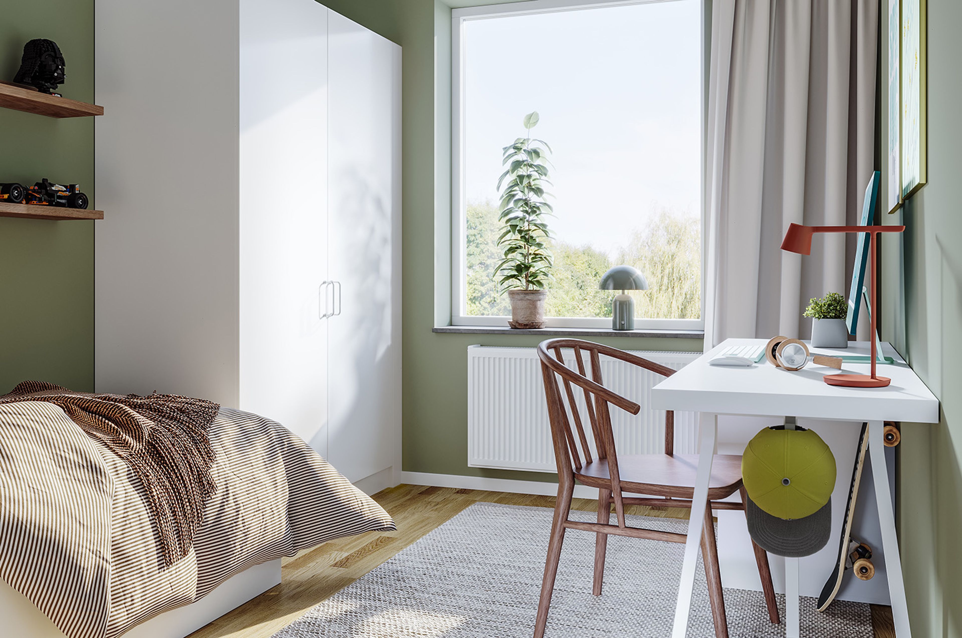 Illustration av sovrum med gröna väggar, en säng och skrivbord
