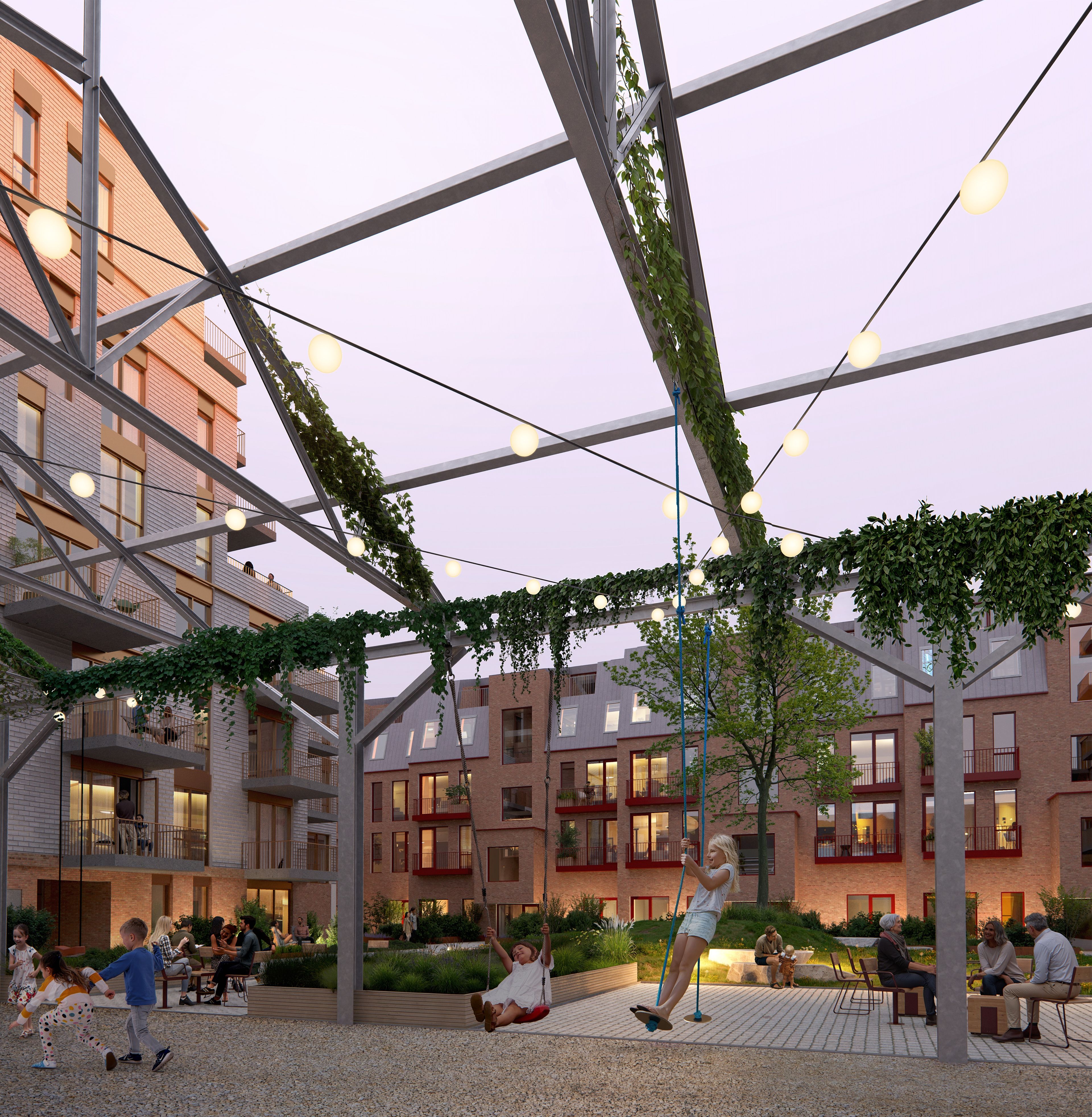 Illustrasjon av barn som husker på uteområdet i Fabrikkgaten. Familier som sitter og prater i bakgrunn