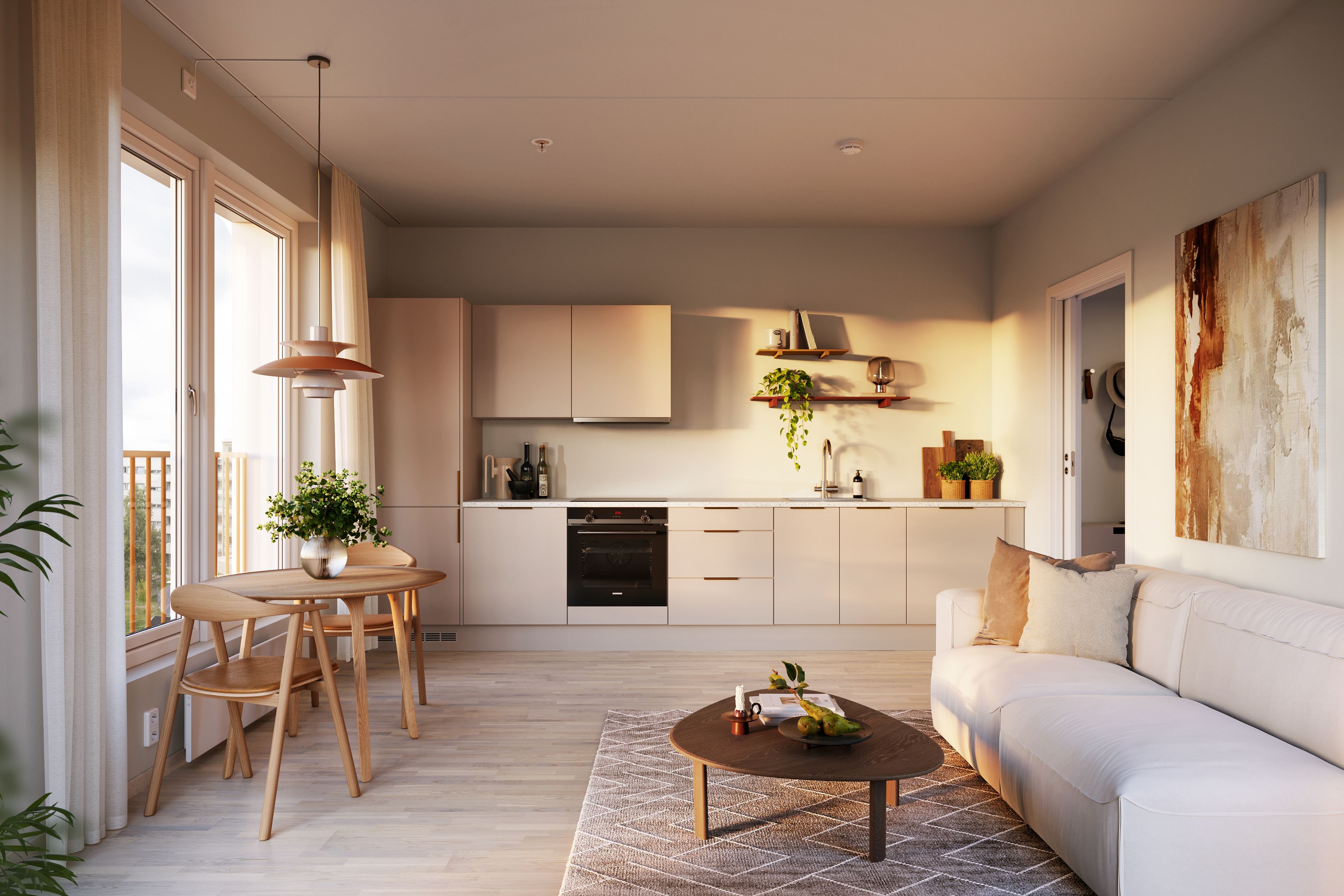 Illustrasjon av åpen stue- og kjøkkenløsning i Furuset Village.