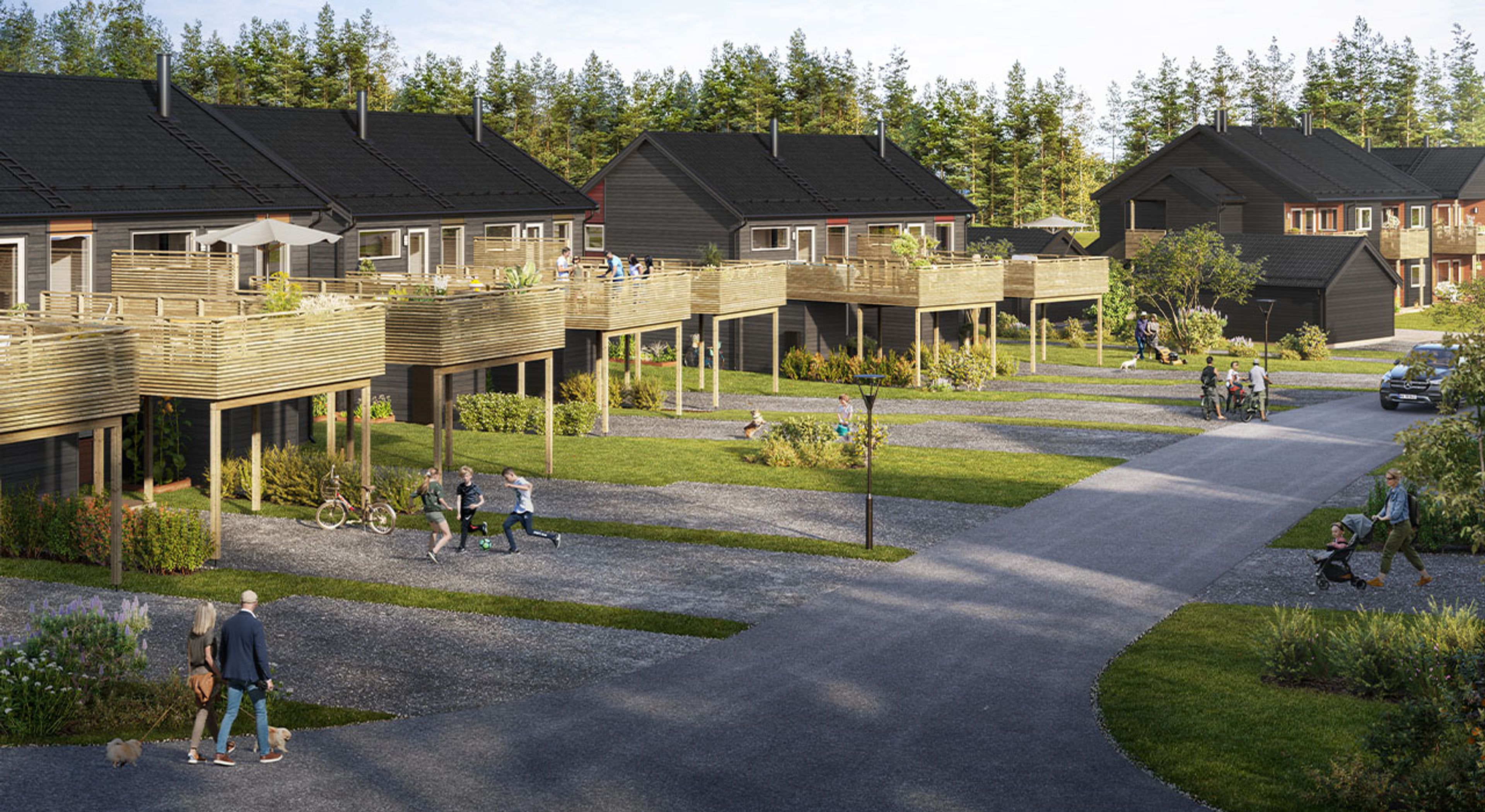 Illustrasjon av inngang og gate ved rekkehusene i Bergermoen park