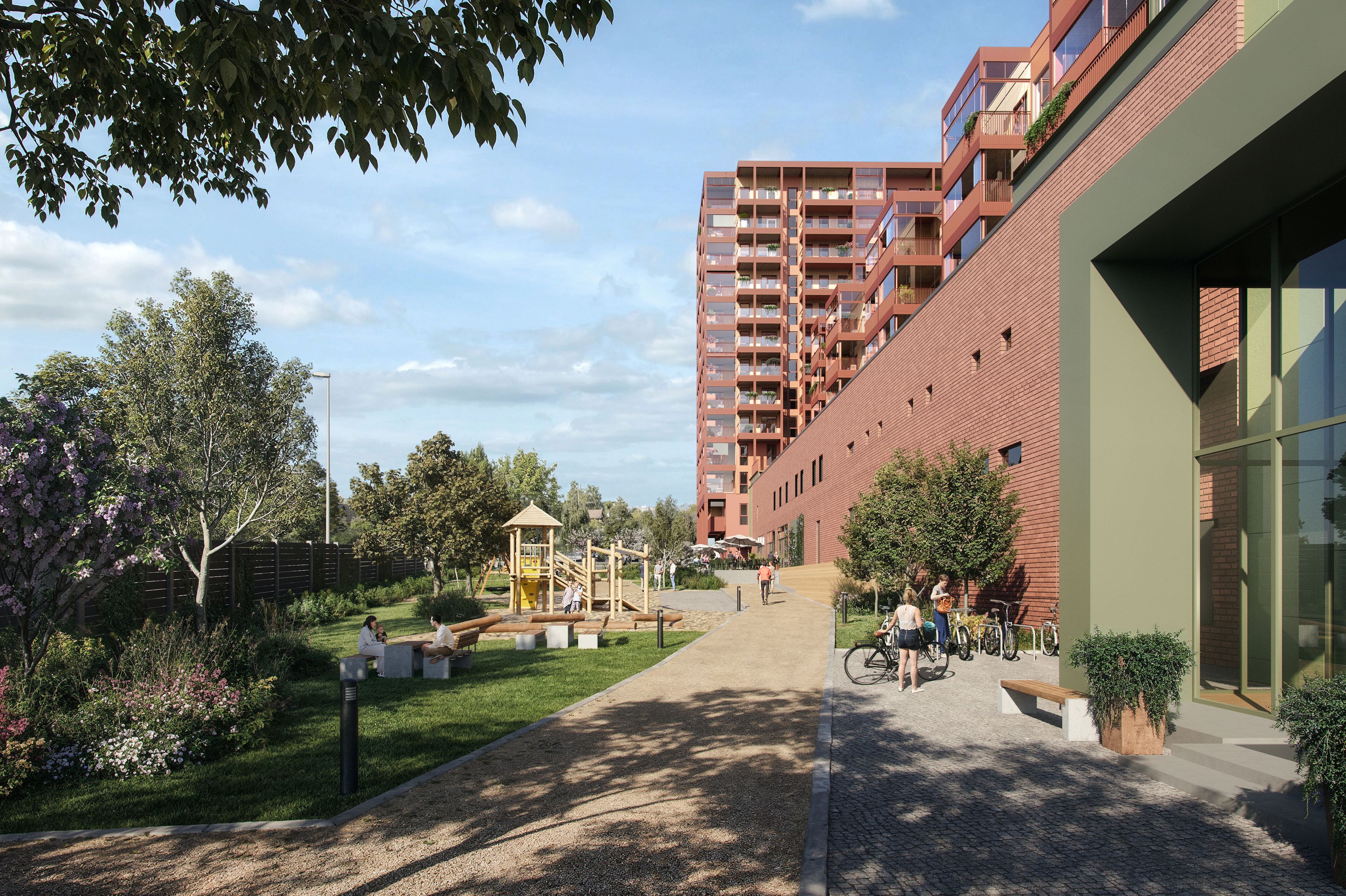 Illustrasjon av Solhøyden fasade med park og lekeplass