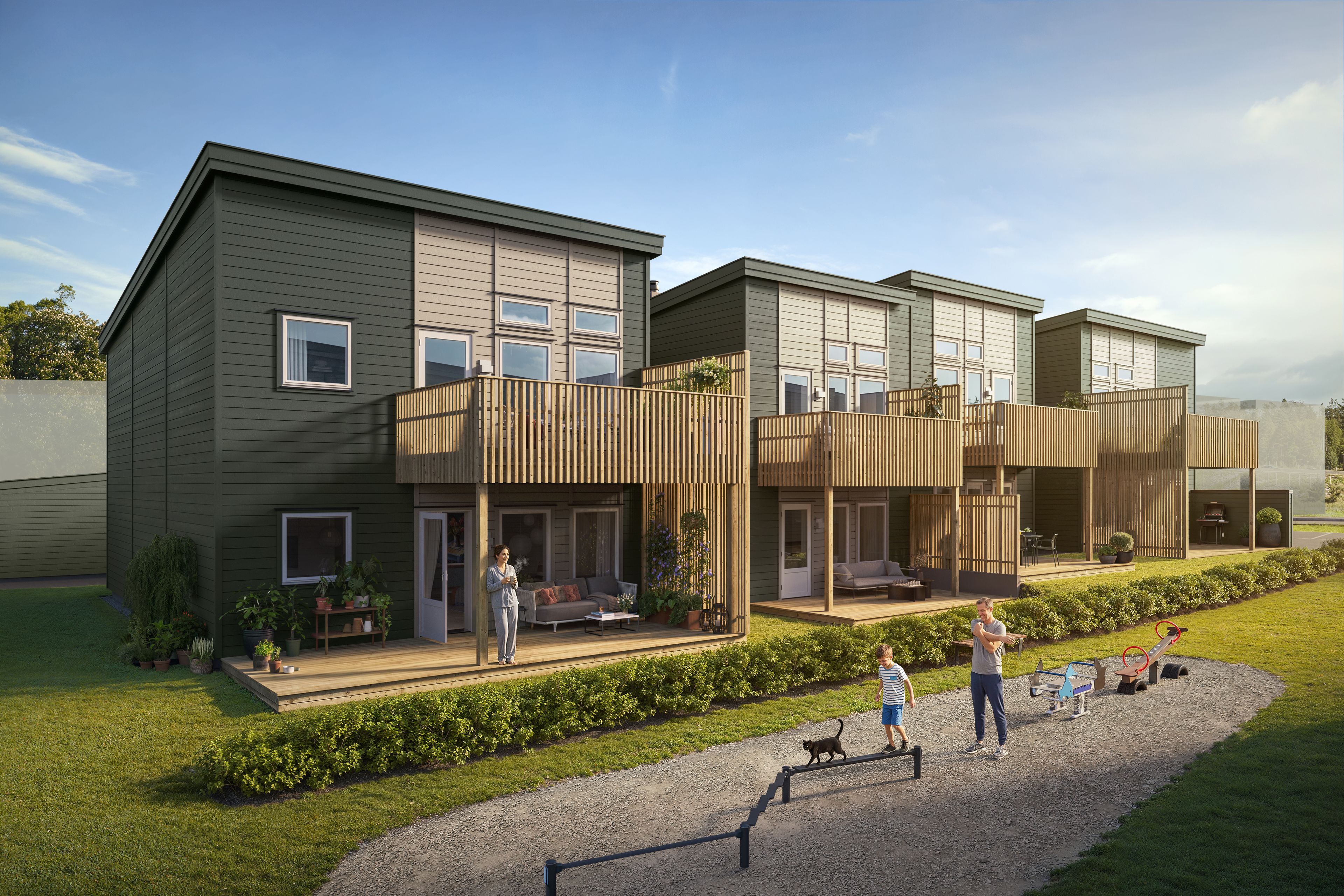 Illustrasjon av leiligheter i hus 1, med lekeplass i forgrunnen
