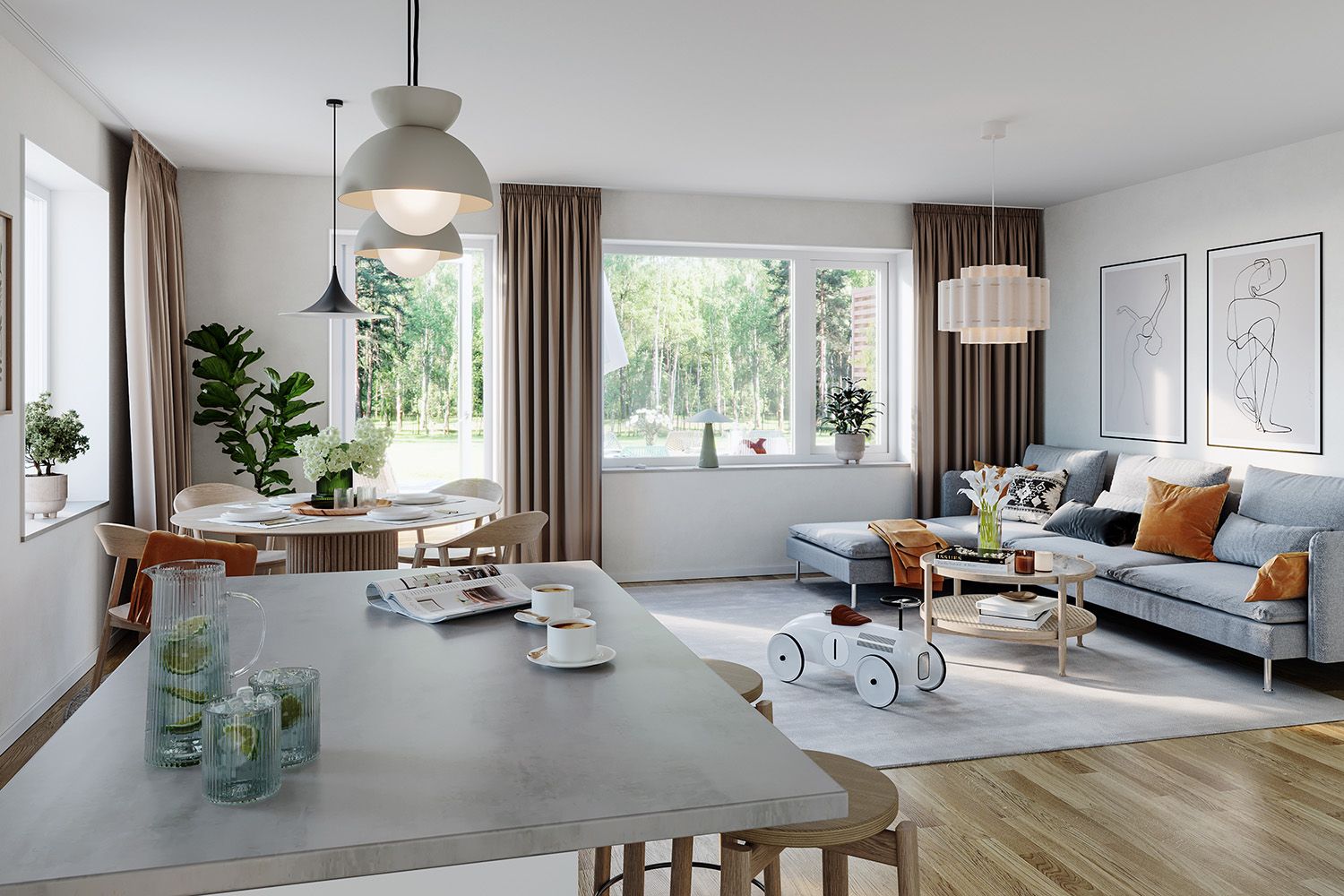 Illustrationsbild av vardagsrum och matplats med ljus inredning