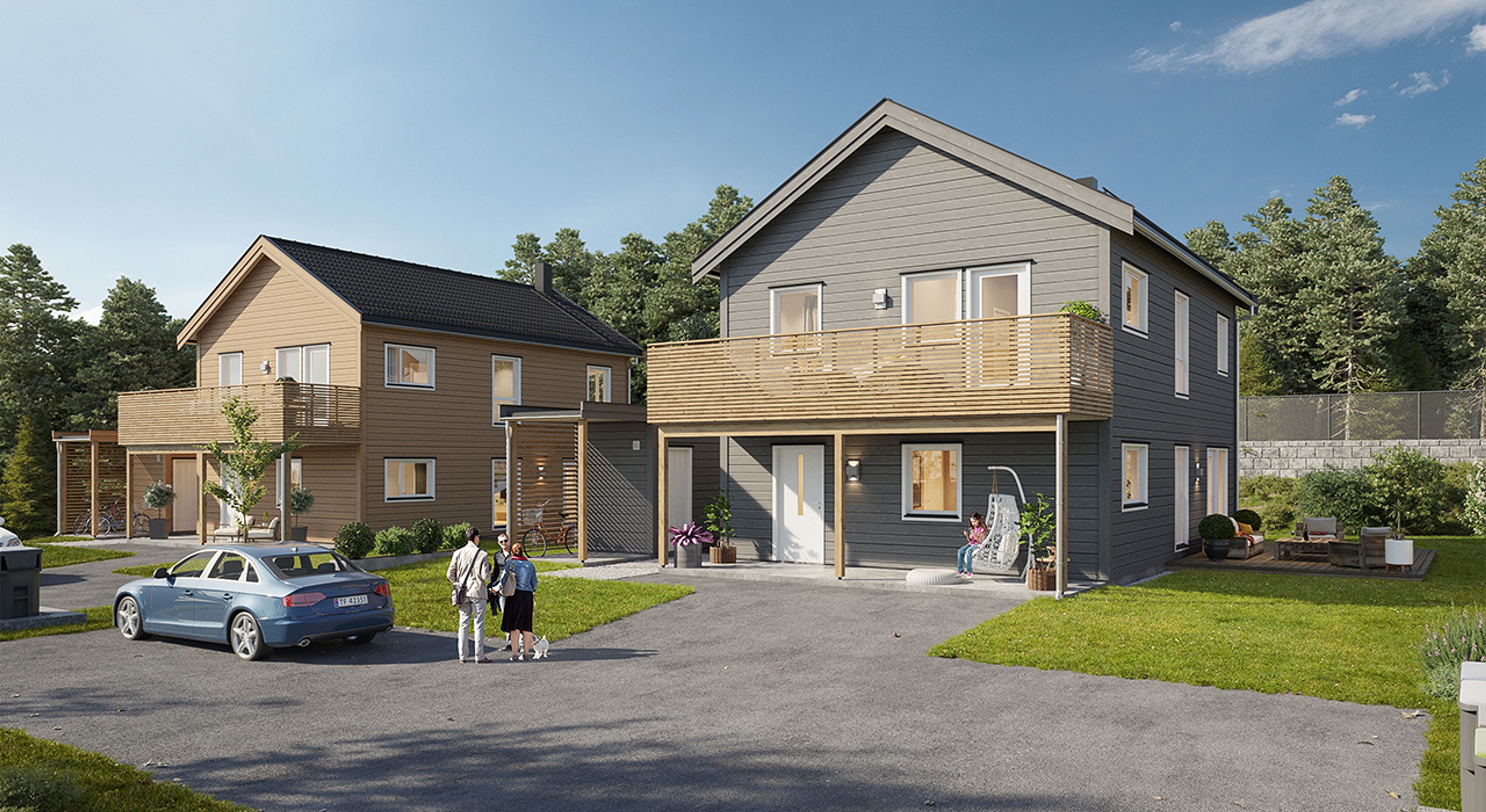 Illustrasjon av fasade på enebolig (hus 14 og 16) med inngangsparti i Blåbærslynga på Villa Havblikk, trinn 4