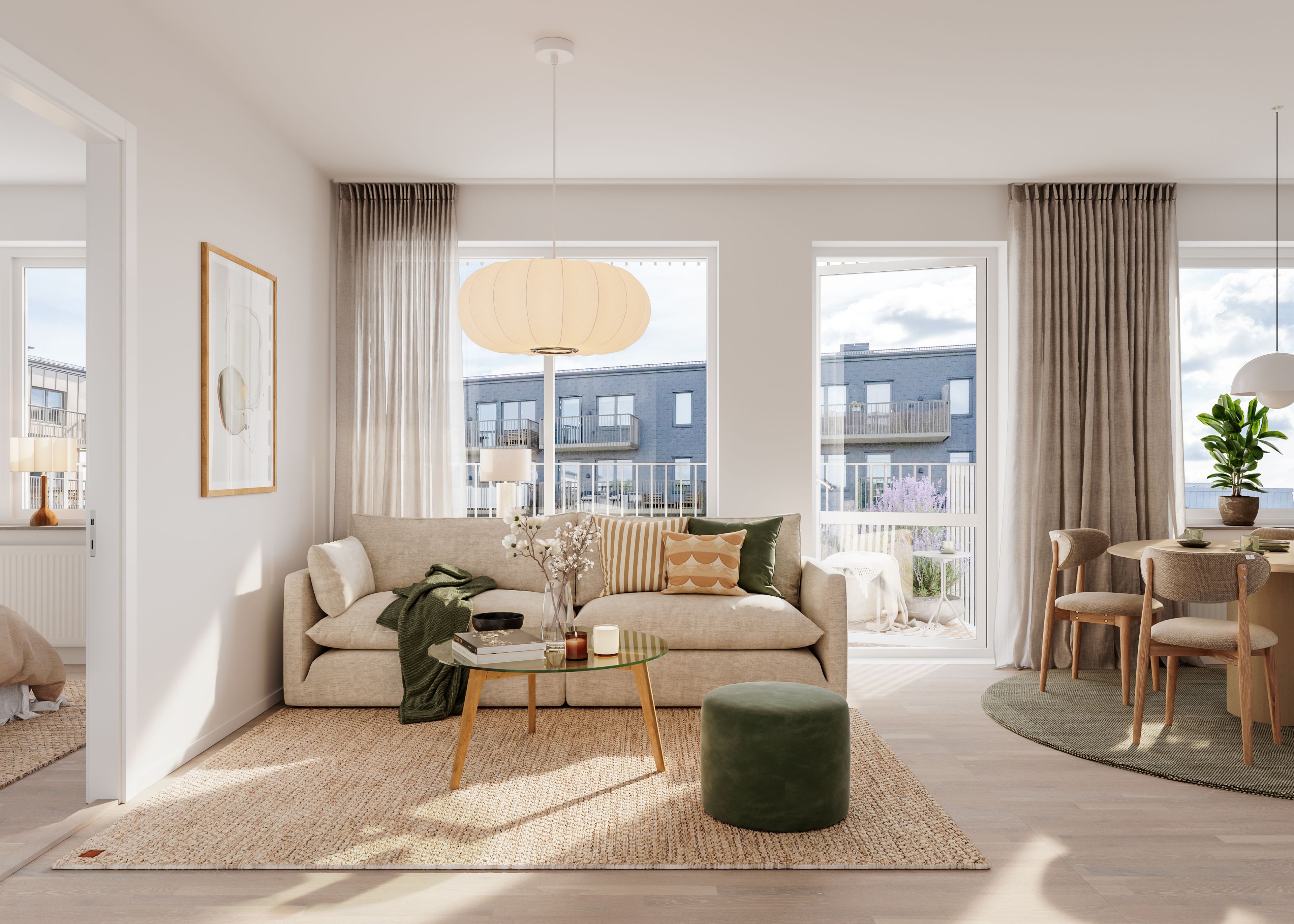 Ljust och rymligt vardagsrum i Rosendals Skogvy i Uppsala