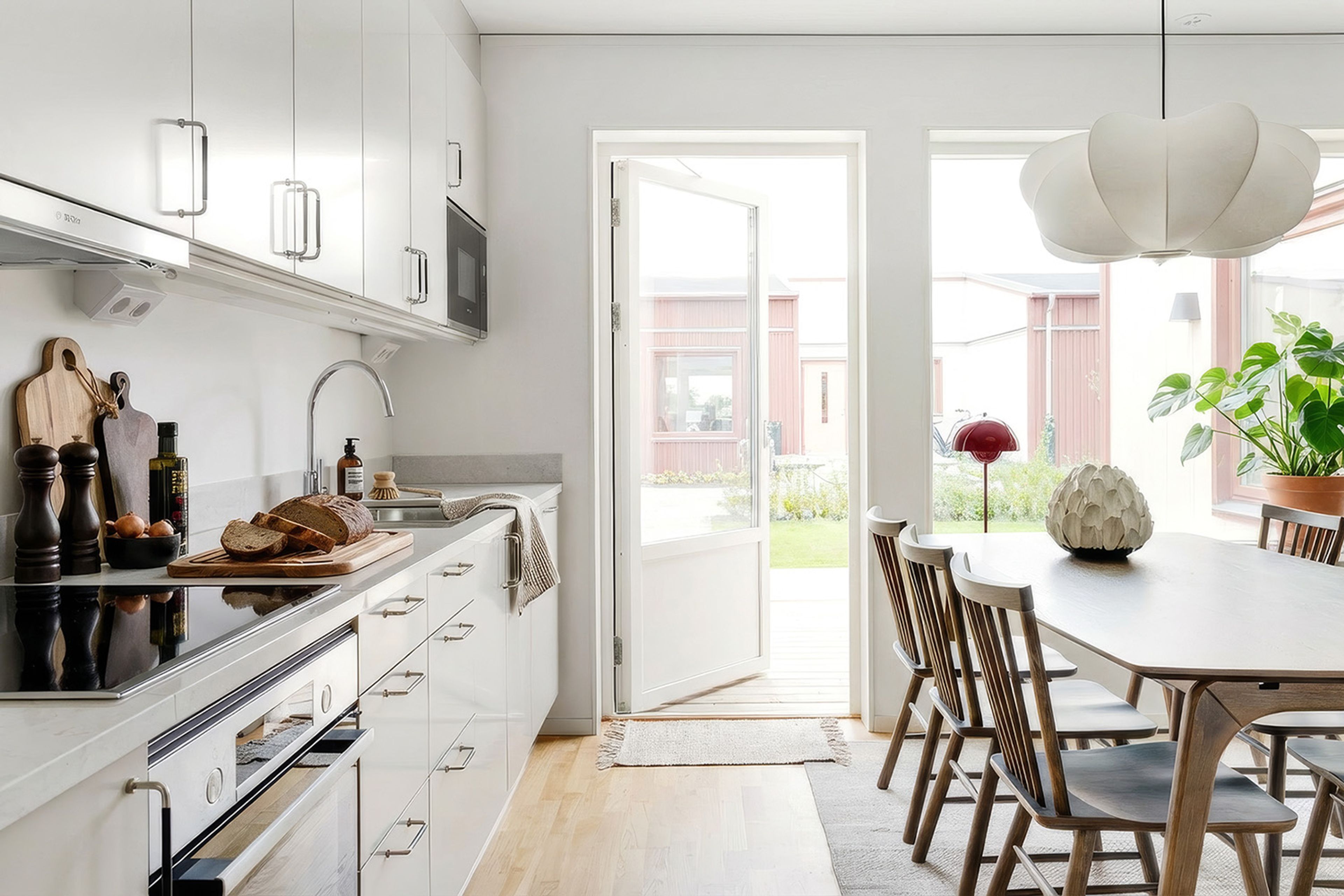 Foto på kök med matplats och en öppen altandörr, till uteplatsen