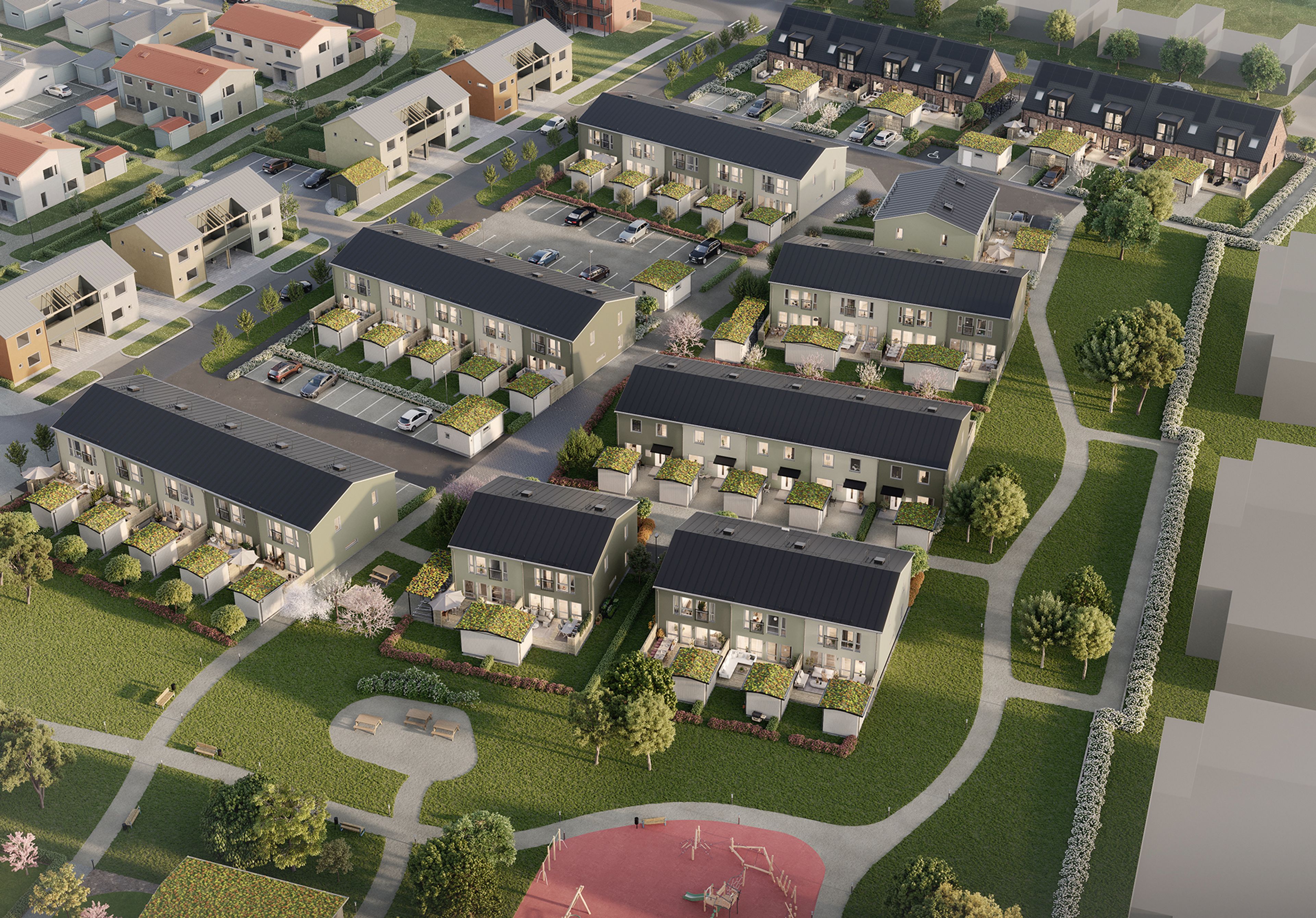 Illustrationsbild av kvarteret Rosenspirea uppifrån, med 31 radhus och grönytor