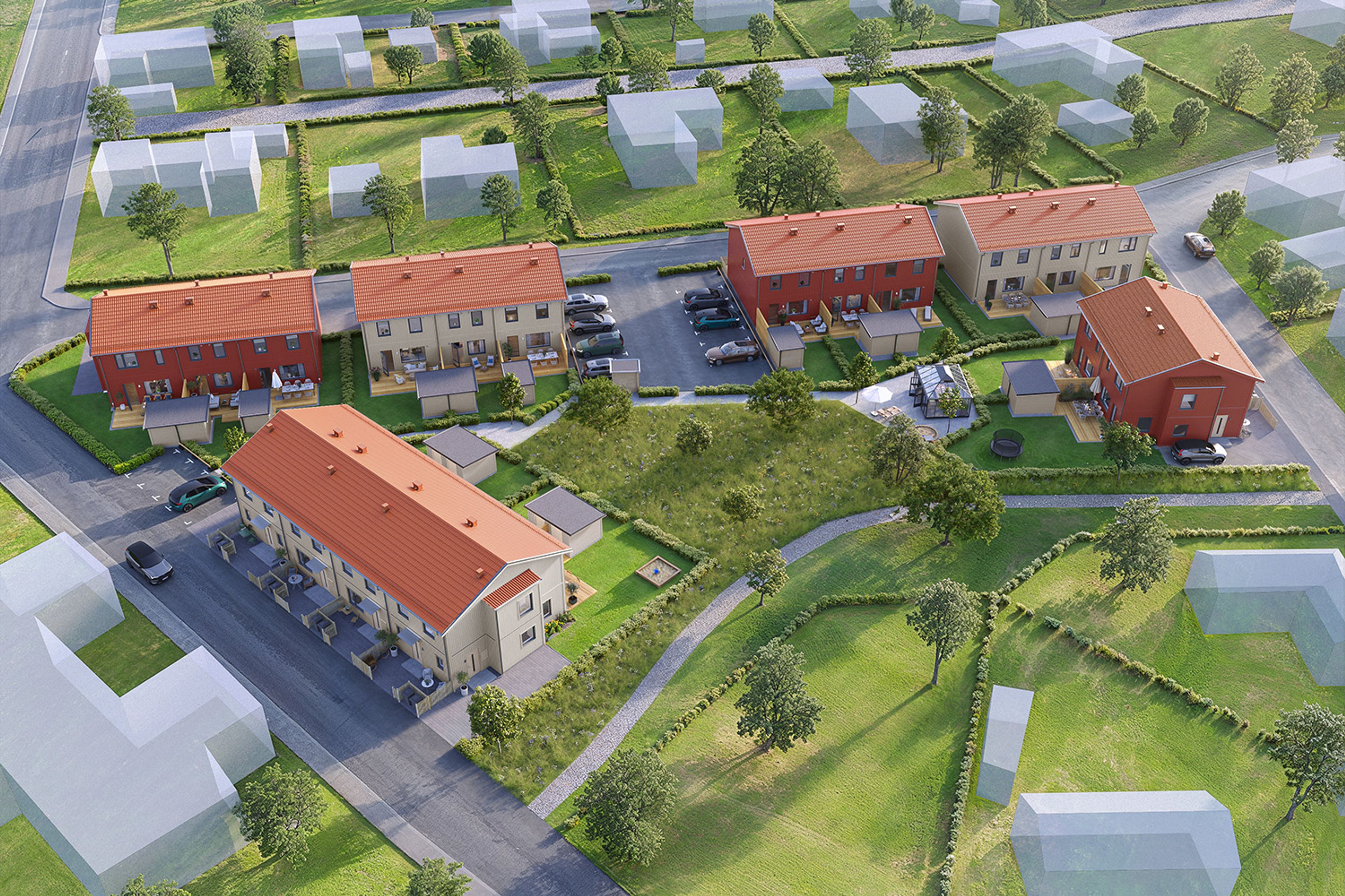 Illustrationsbild av kvarteret Allerums Oas - med 18 radhus och trädgårdar