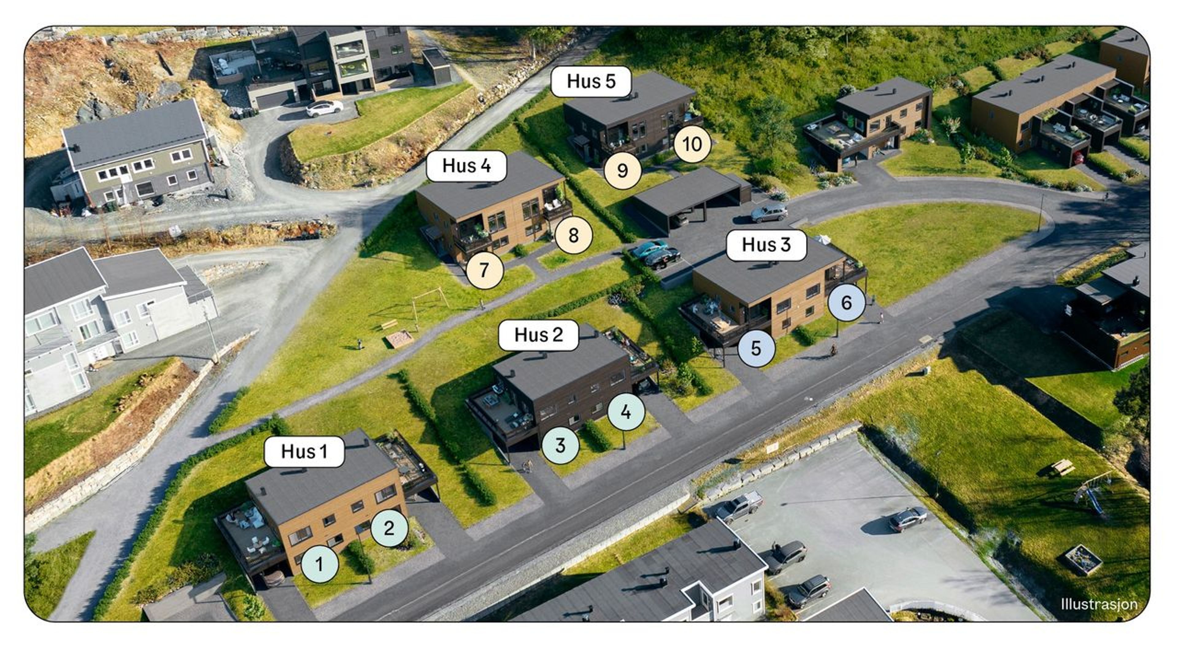Oversikt over tomannsboliger på Eikremshagen og Eikremsvingen, med nummerering