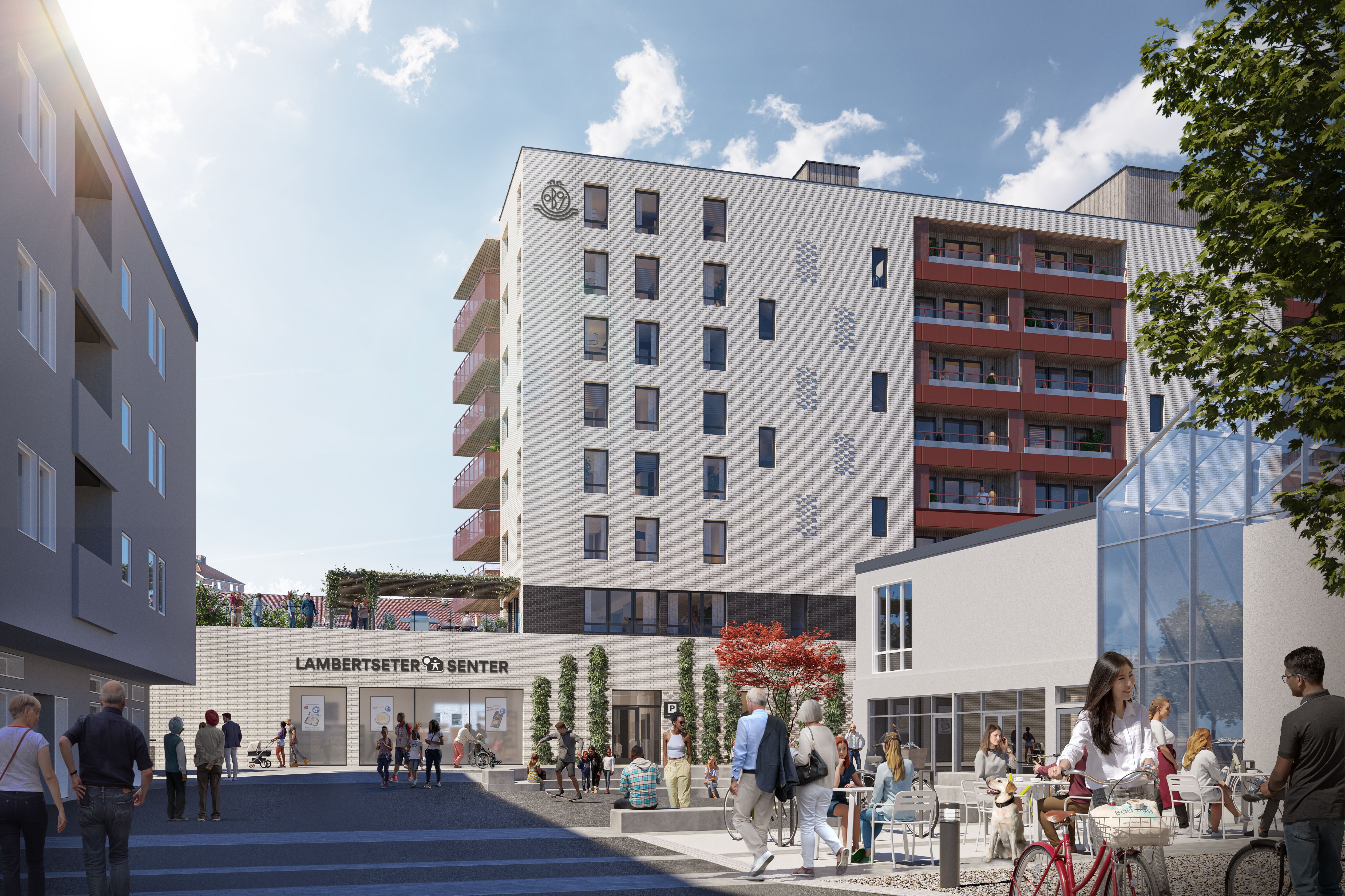 Illustrasjon av fasaden til Bølgelengden på dagtid, med torget og Lambertseter senter.