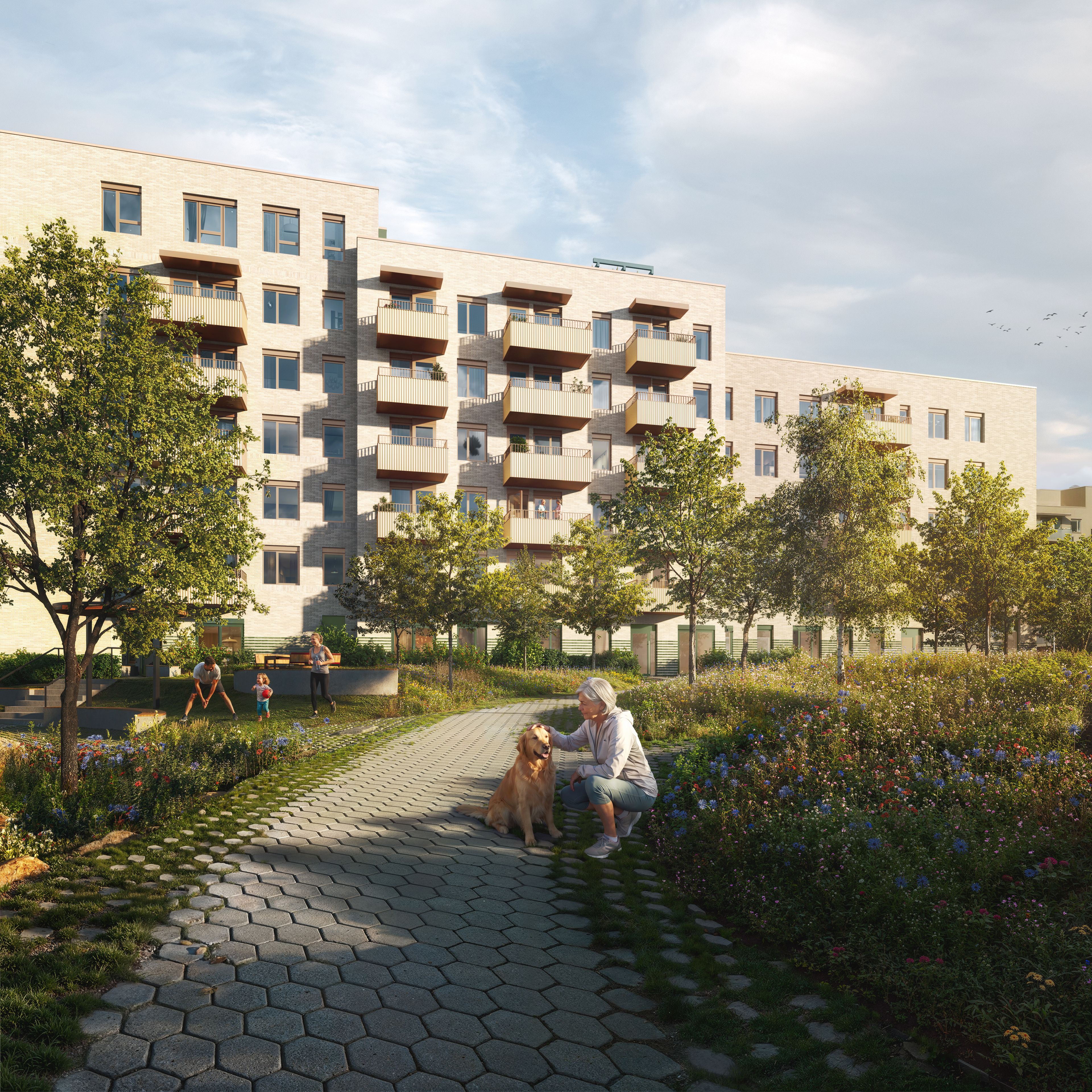 Illustrasjon av kvinne med hund i gårdsrom i Kastanjelunden