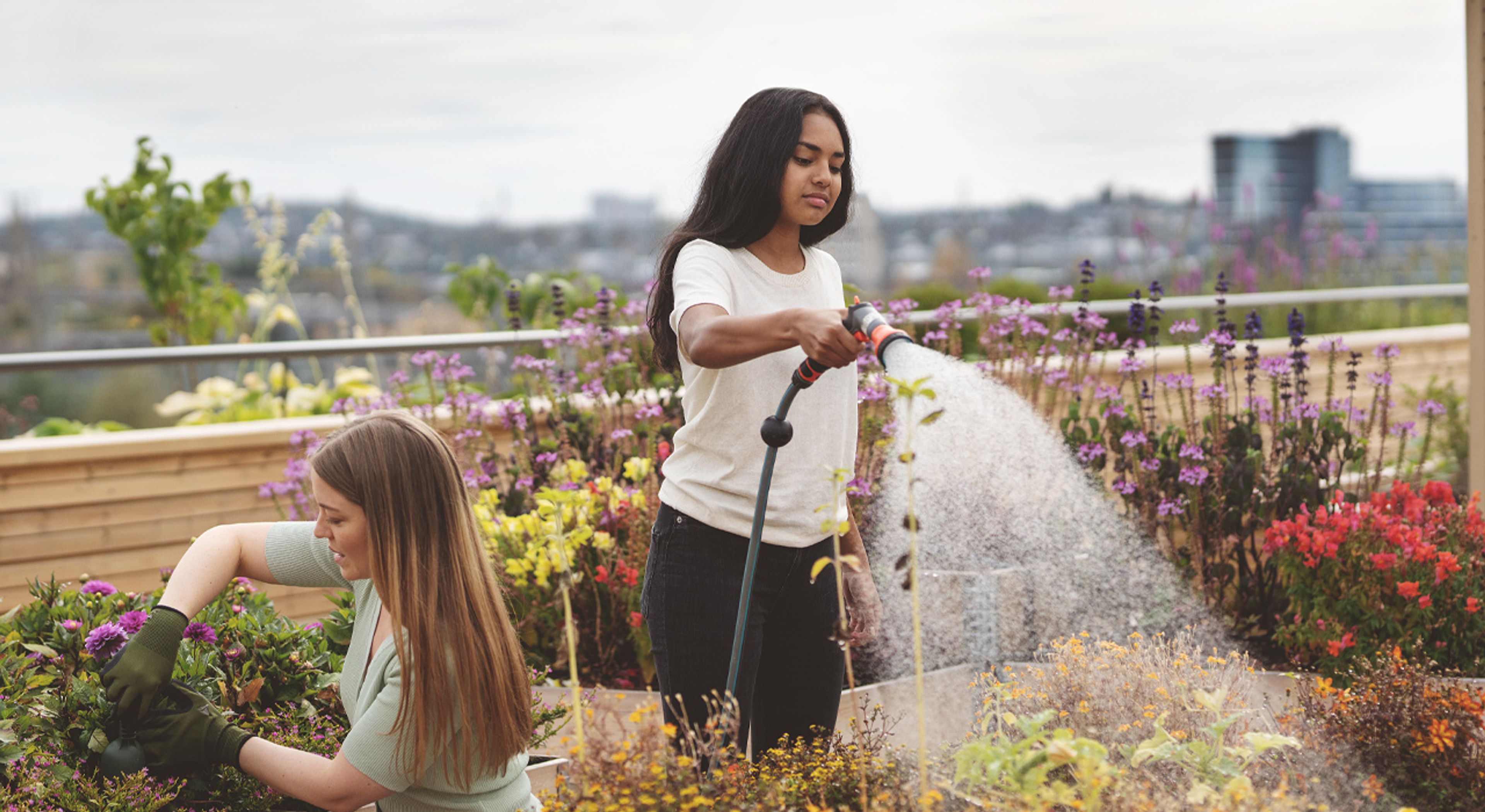To kvinner steller med blomster på takterrasse på Ulven