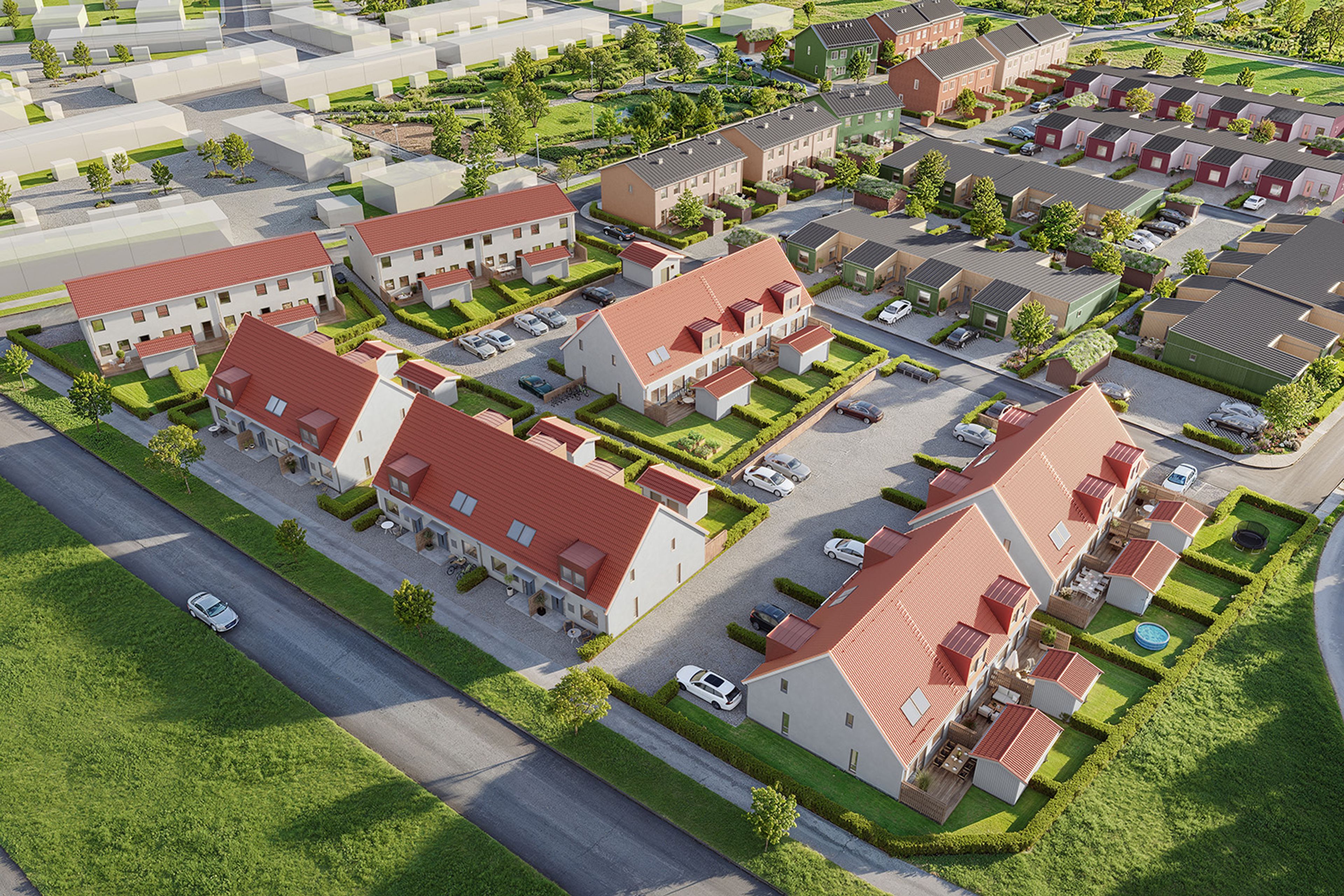 Illustrations av ett bostadskvarter med radhus uppifrån