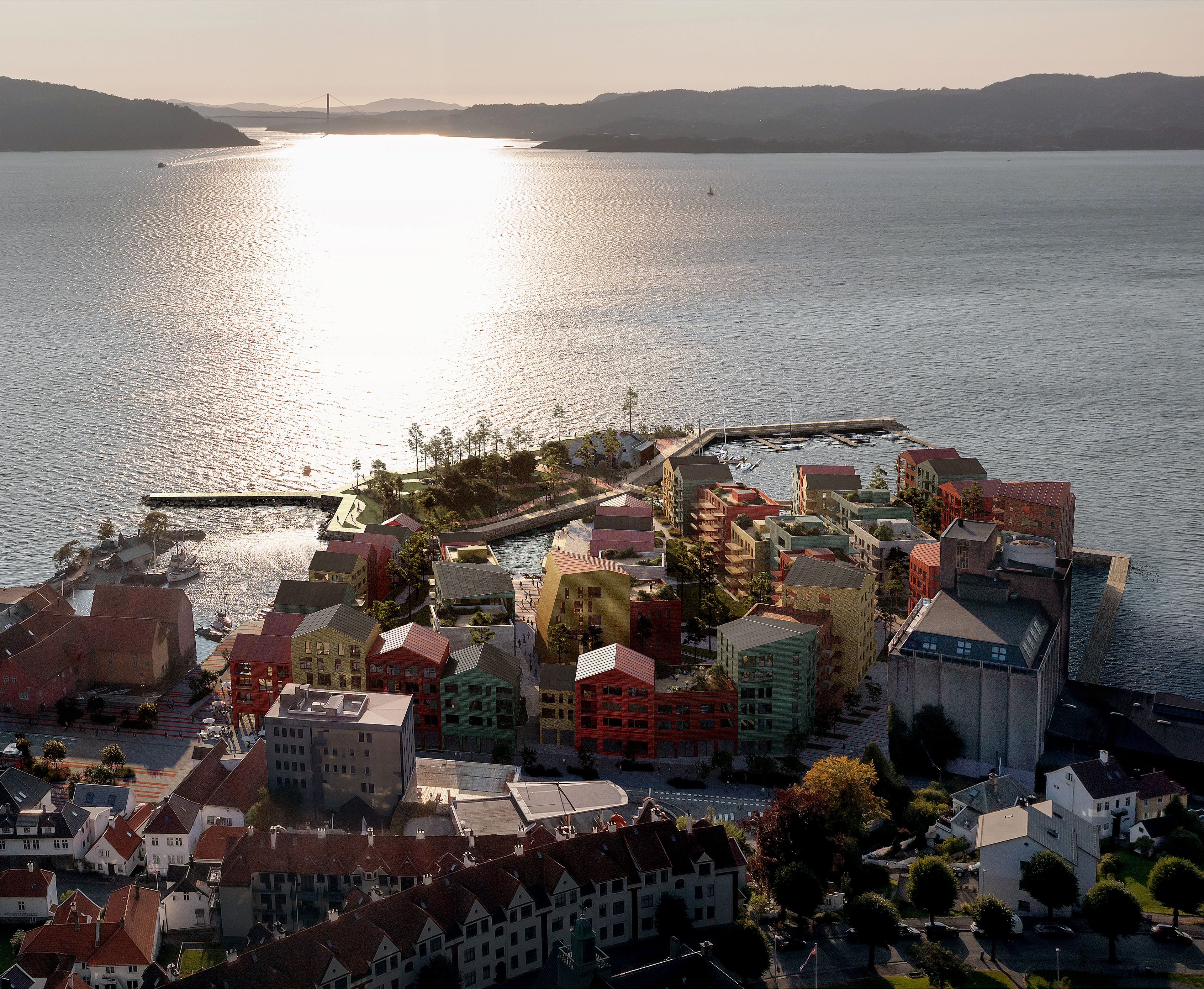 Illustrasjon av boligprosjektet Kristiansholm i solnedgang.