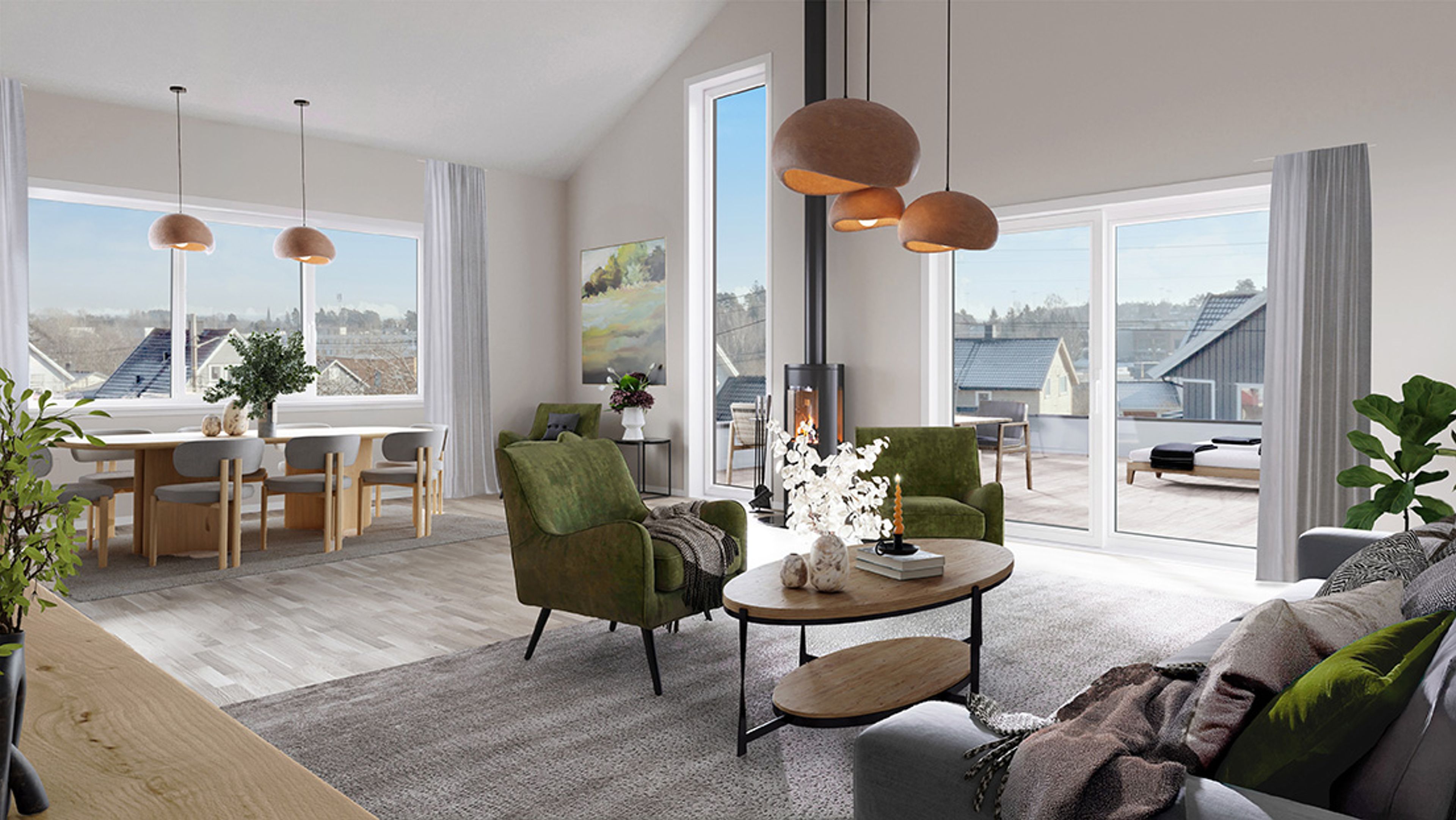 Illustrasjon av stue mot terrasse i enebolig, hus 4, 5 og 6, på Bjørnstad