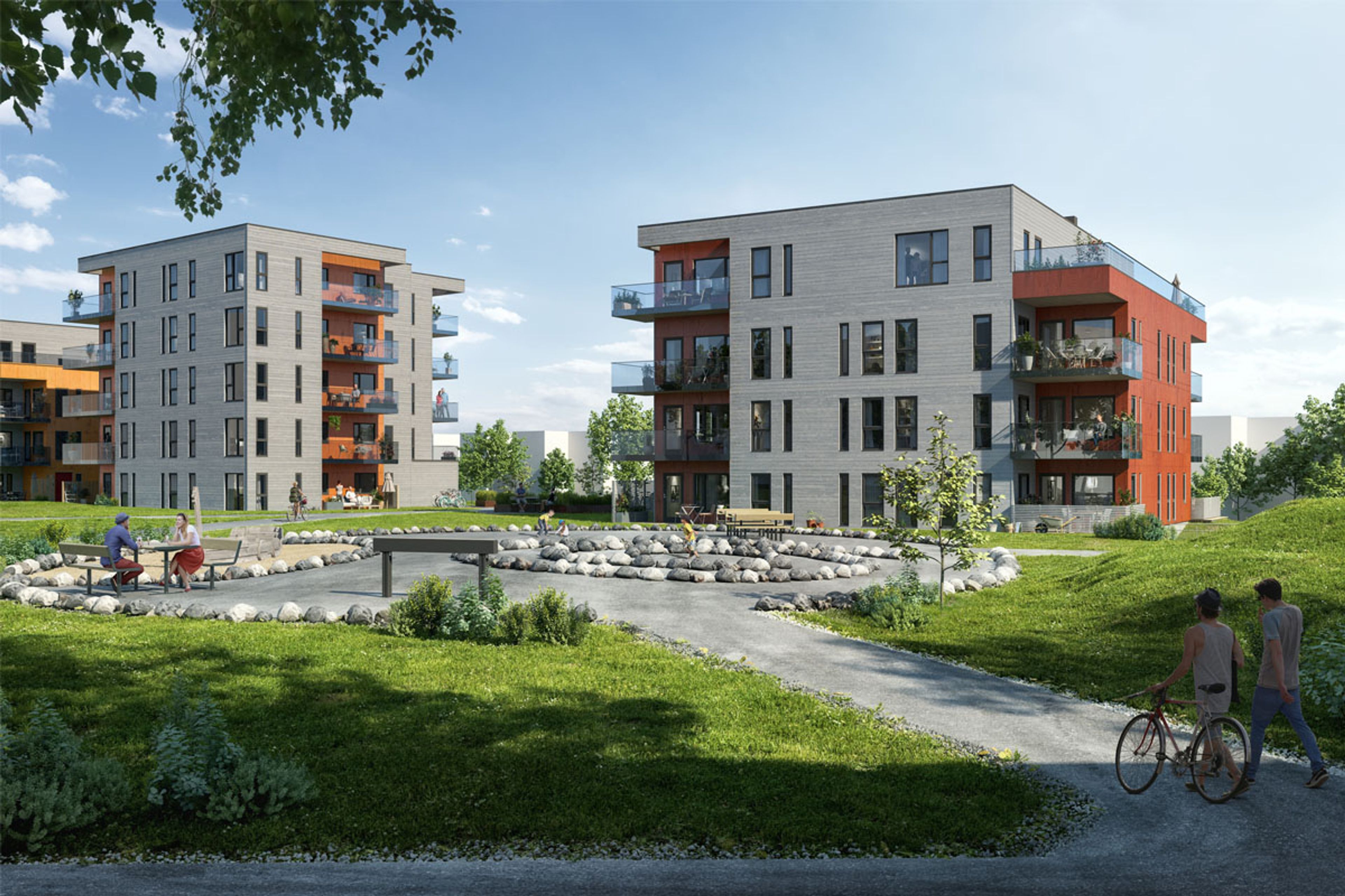 Illustrasjon av hage med fellesareal og hus i bakgrunnen.