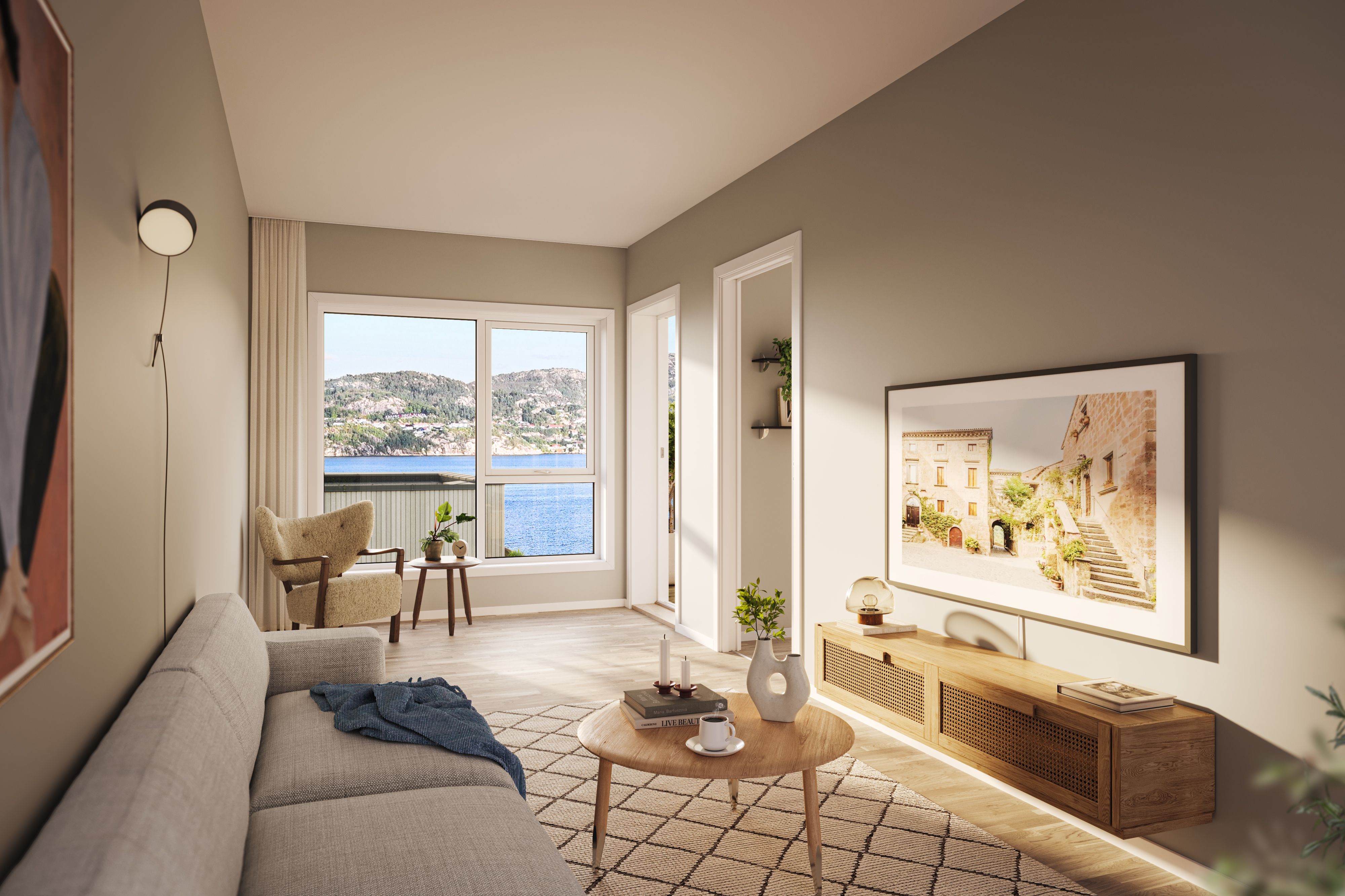 Illustrasjon av stue i leilighet B08, blokk B, på Byfjordporten.