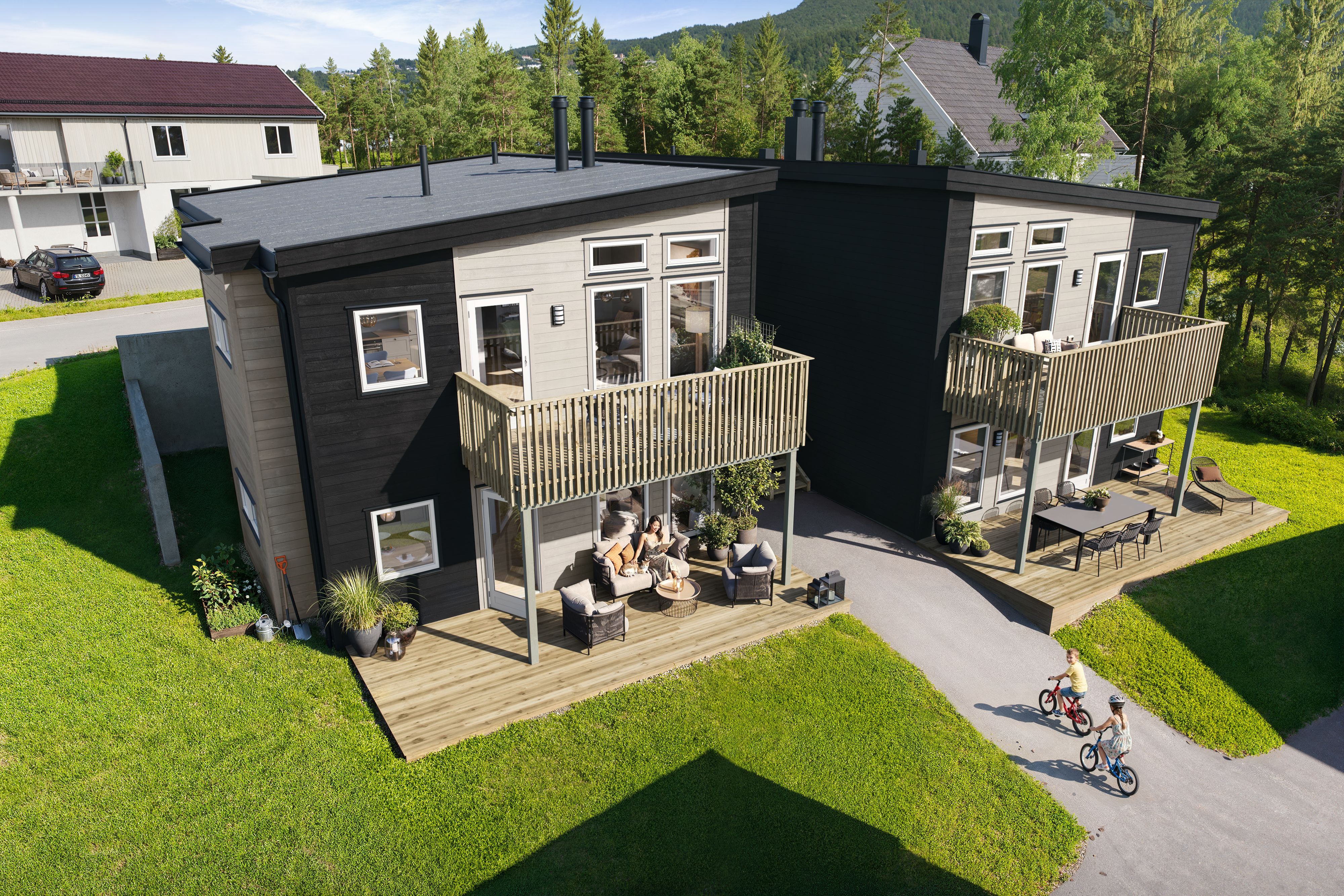 Illustrasjon av inngangssiden av leilighetsbygg, i Lundheim Hage