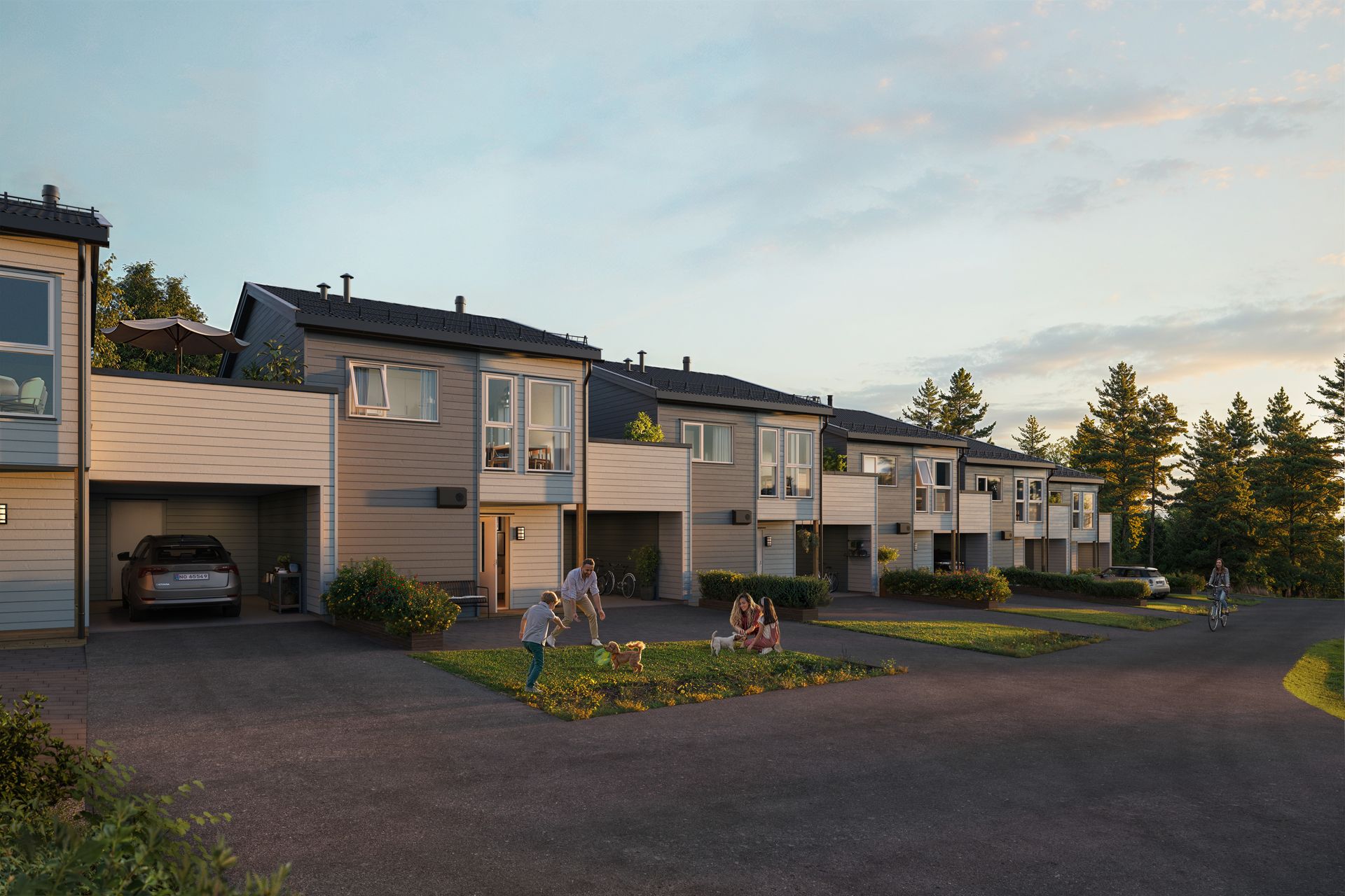 Illustrasjon av eneboliger i kjede, sett fra inngangssiden, på Eltonåsen Syd
