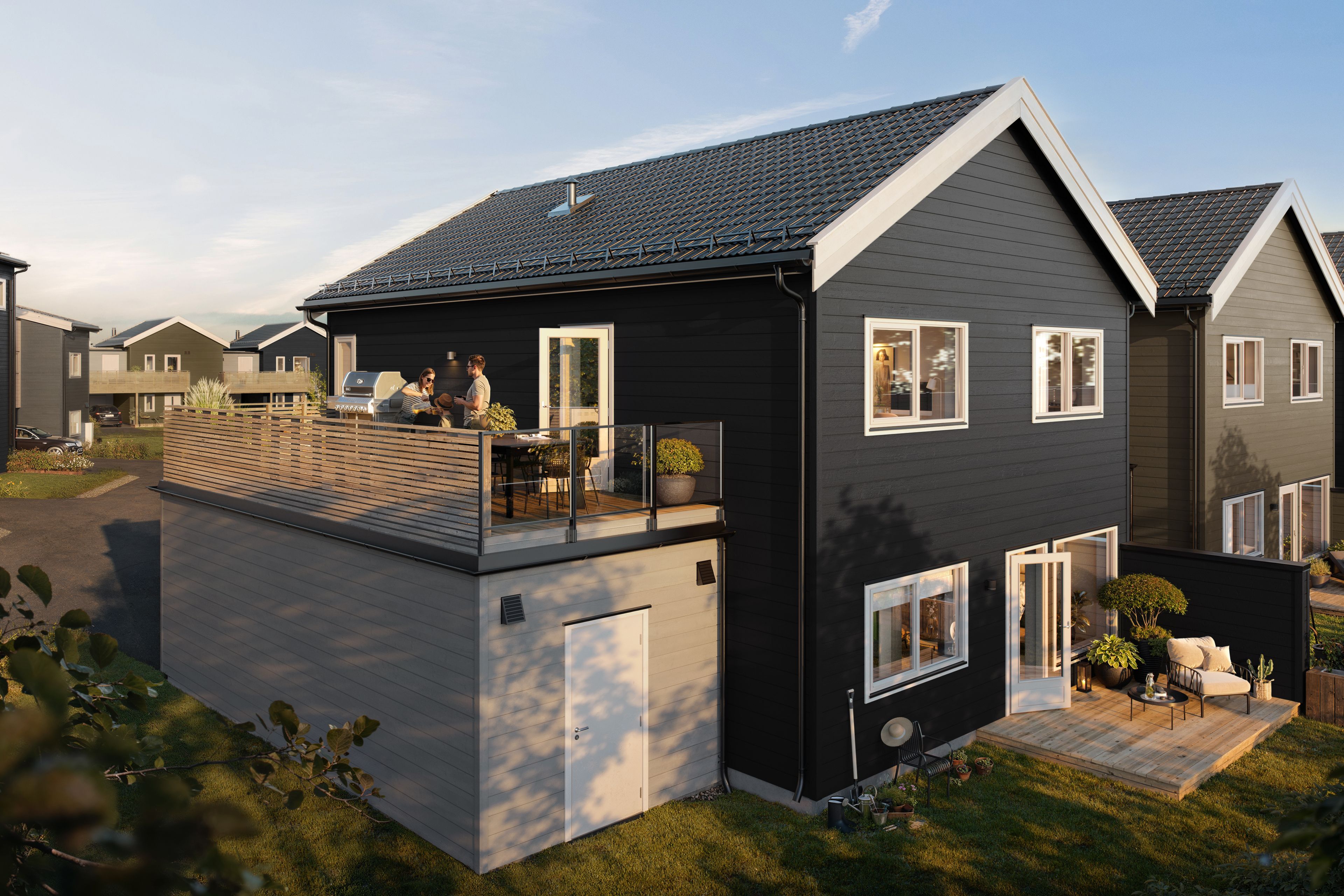 Illustrasjon av enebolig på Willersrudjordet BKS3, med terrasse og hage.