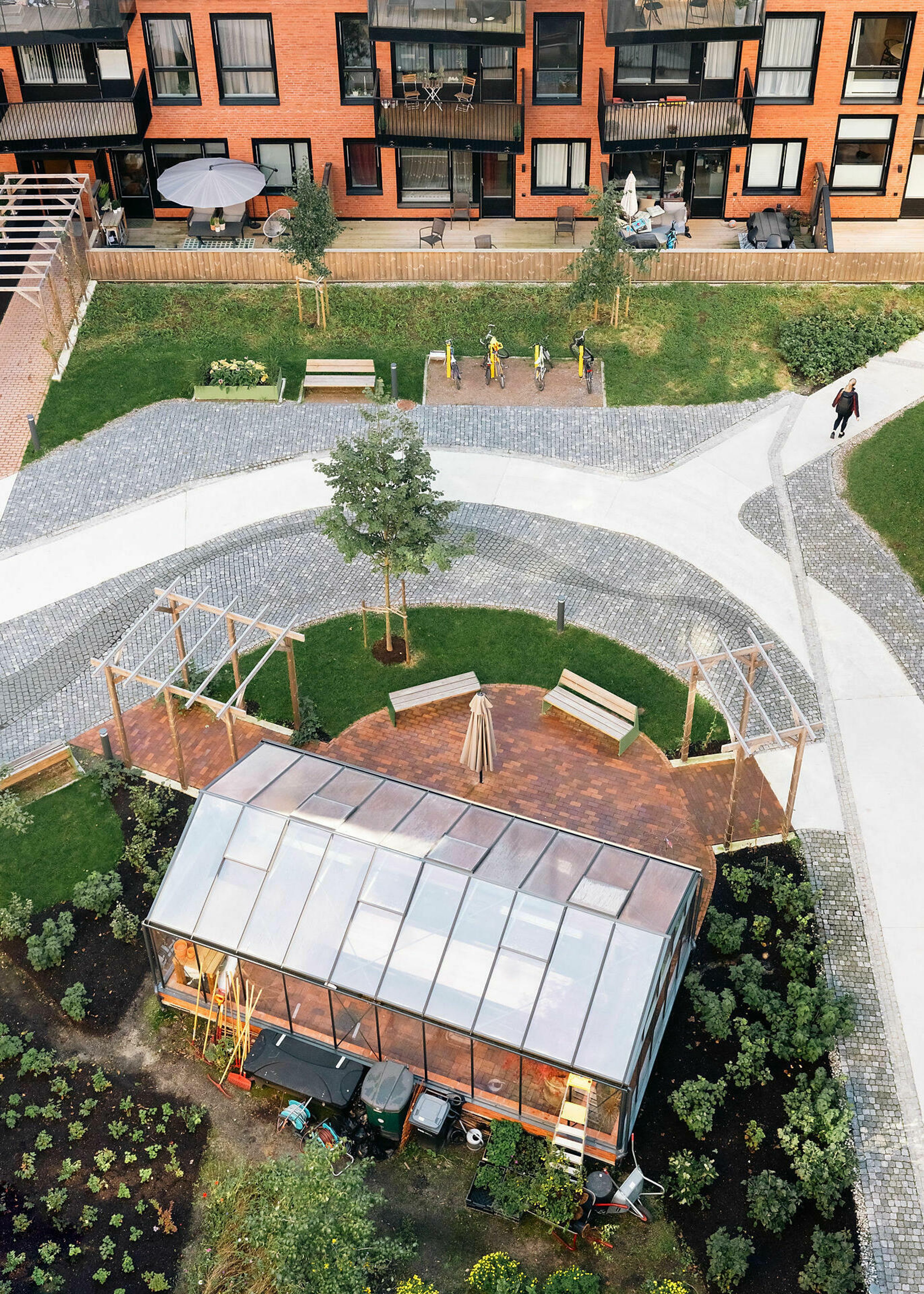 Foto av drivhus og beplanting rundt i Løren botaniske
