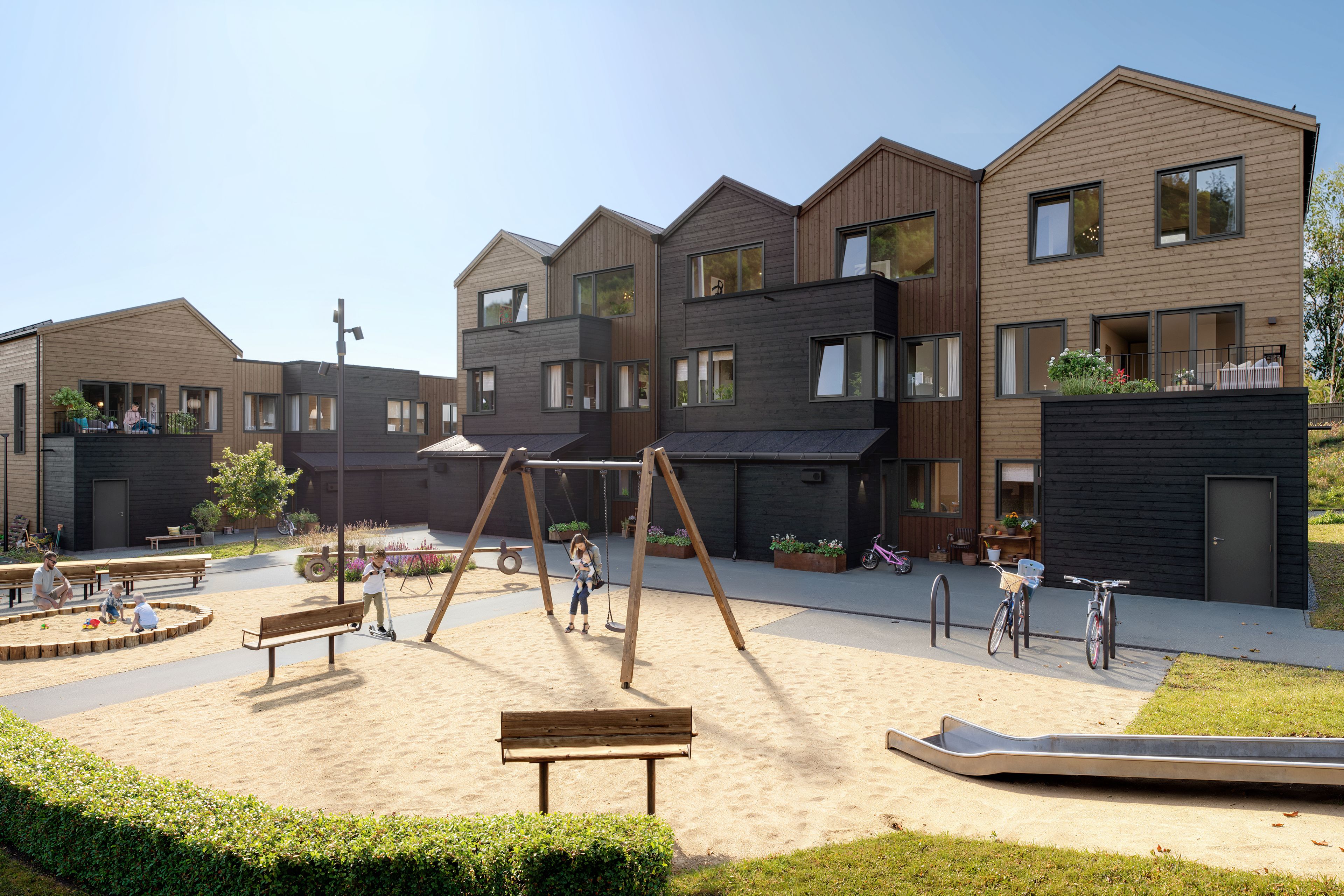 Illustrasjon av lekeplass utenfor rekkehus, hus 28-32, på Øvre Steinaunet