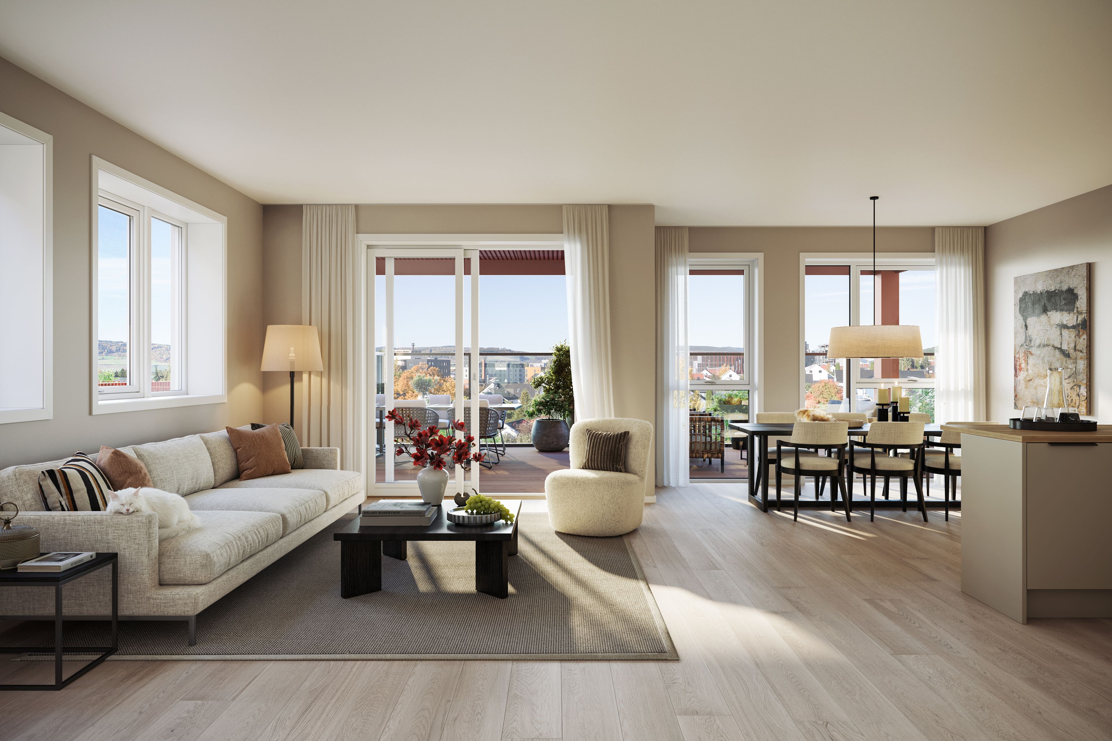Illustrasjon av stue og spisestue. Ser utover stor terrasse. Bygg B