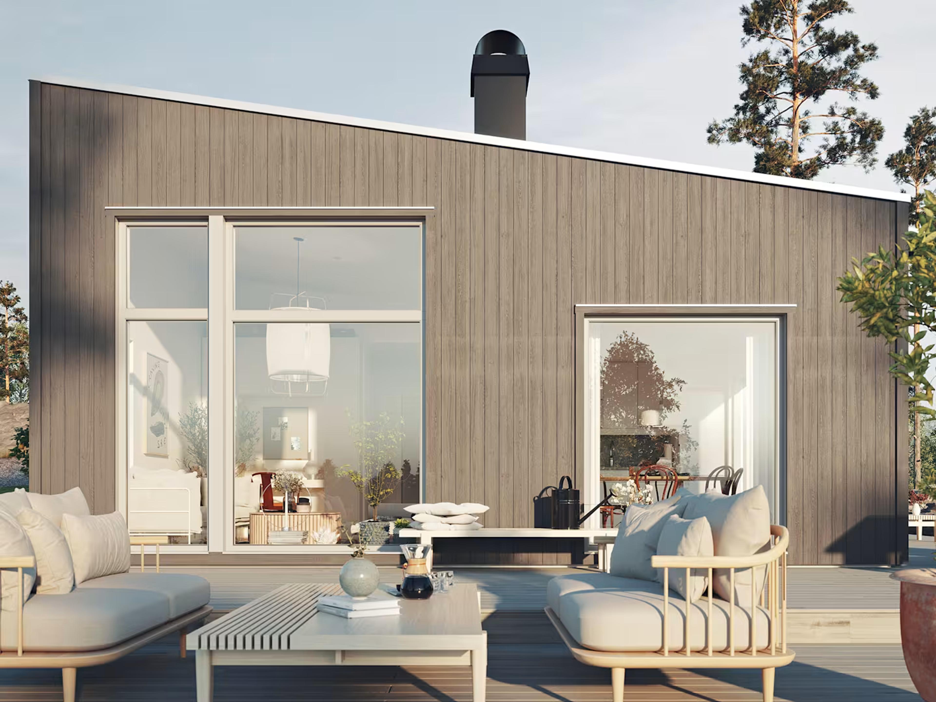 En 3D-rendering av ett hus med en uteplats med bord och stolar.