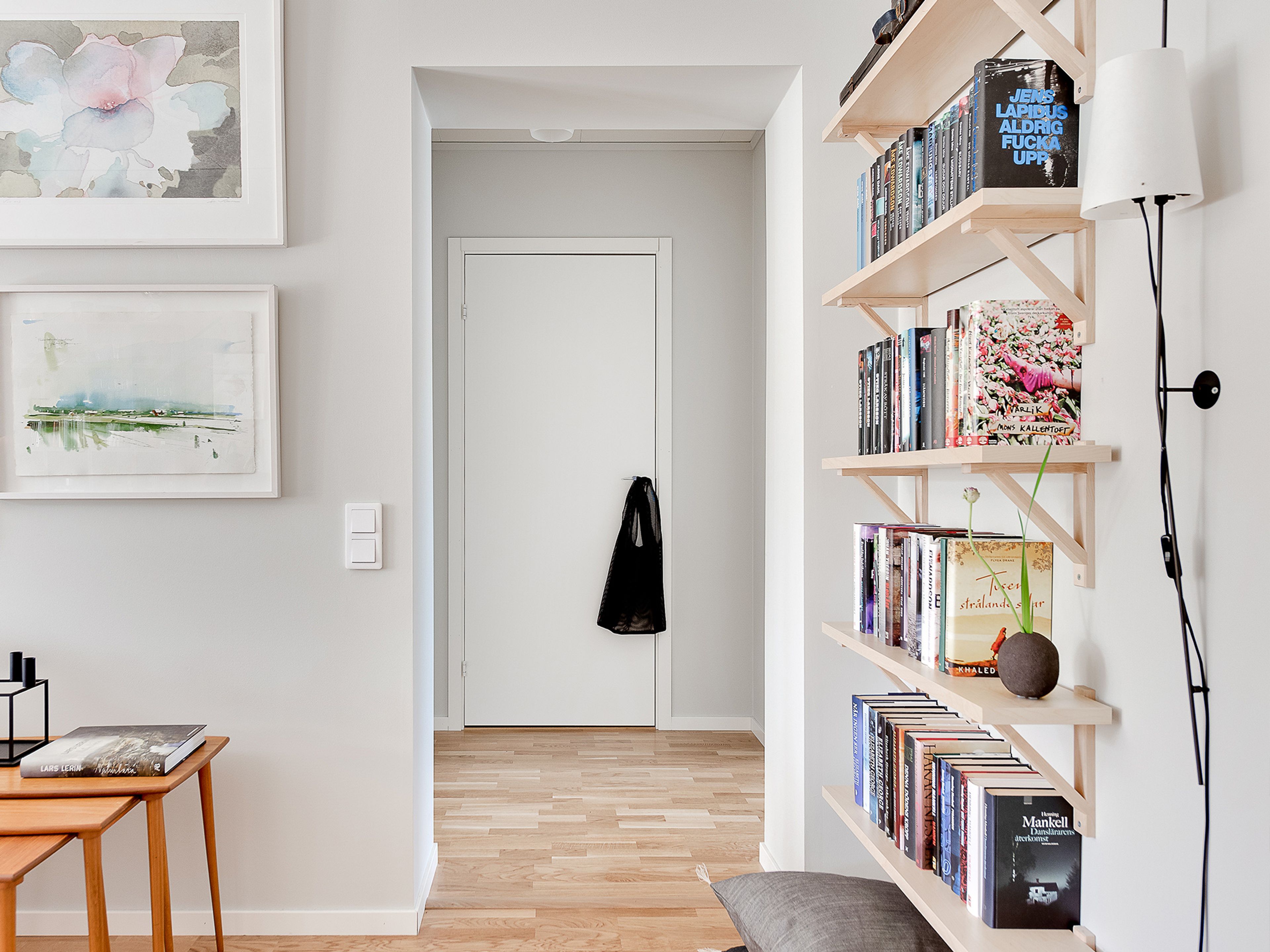 En trevlig hall med en bokhylla full med böcker i modern stil