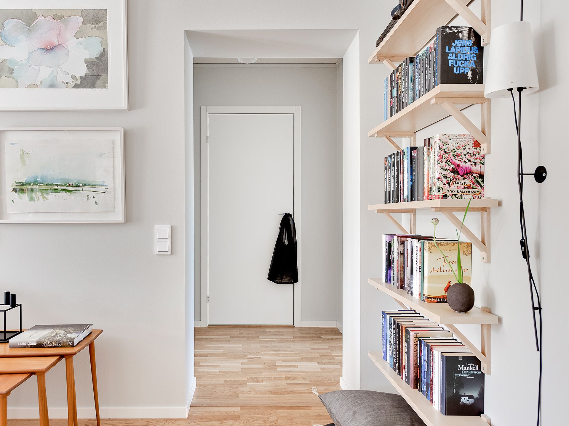 En trevlig hall med en bokhylla full med böcker i modern stil