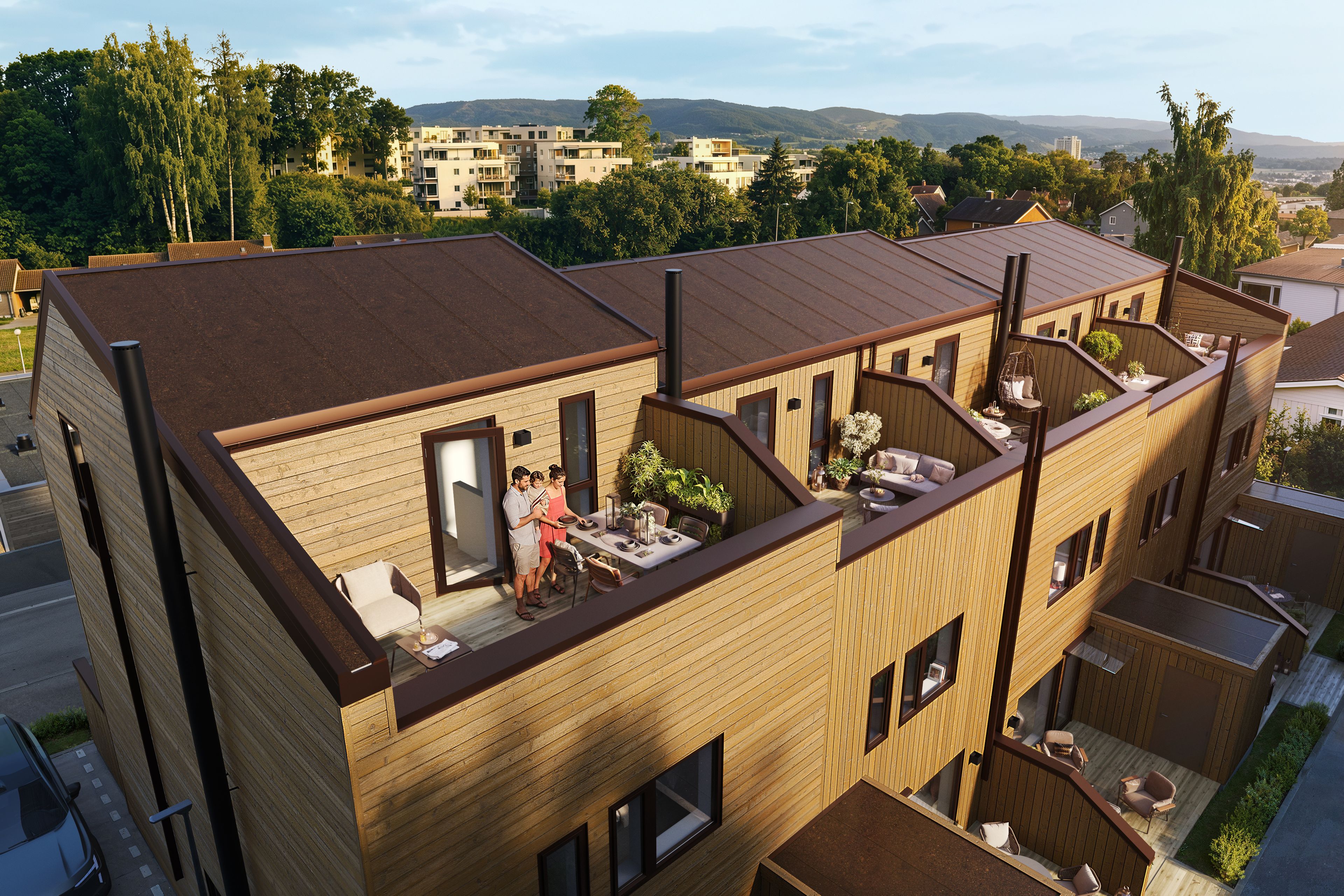 Illustrasjon av fasade og terrasser på familieboliger, hus 2, på Munkvolltunet.