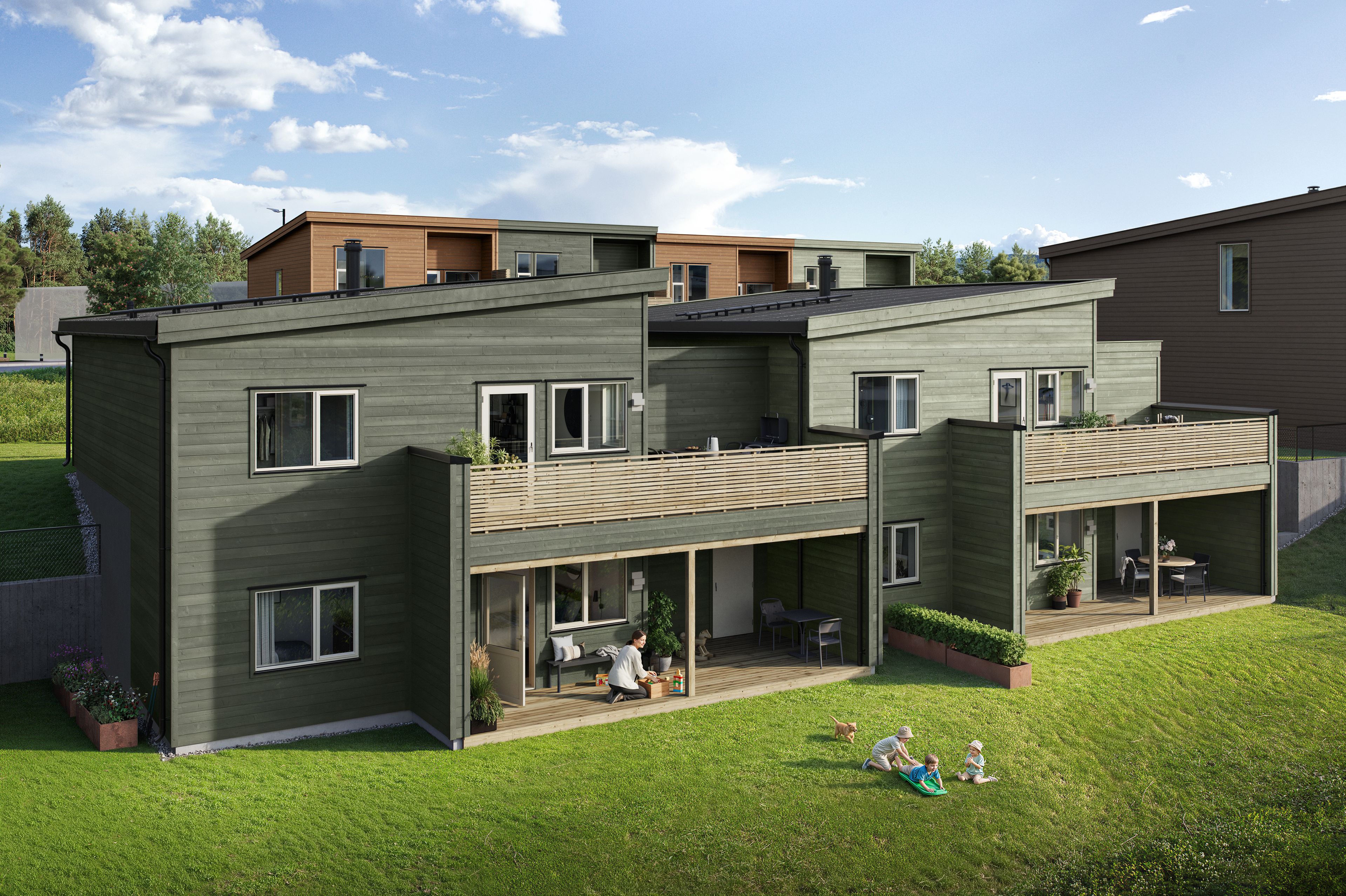 Illustrasjon av fasade på tomannsbolig, hus 6, på Pepperstad Terrasse B6