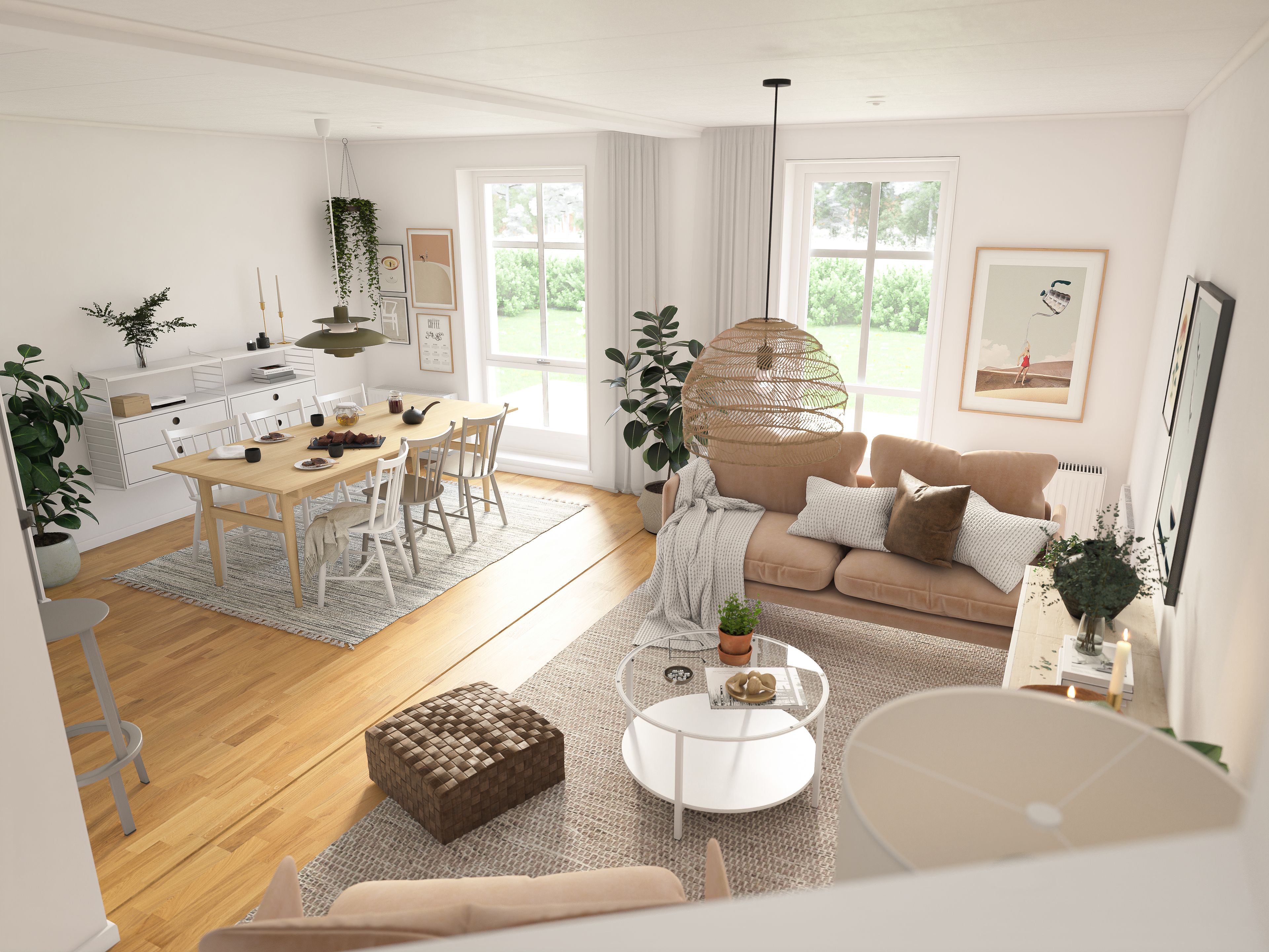 Illustration av vardagsrum och matplats sett uppifrån