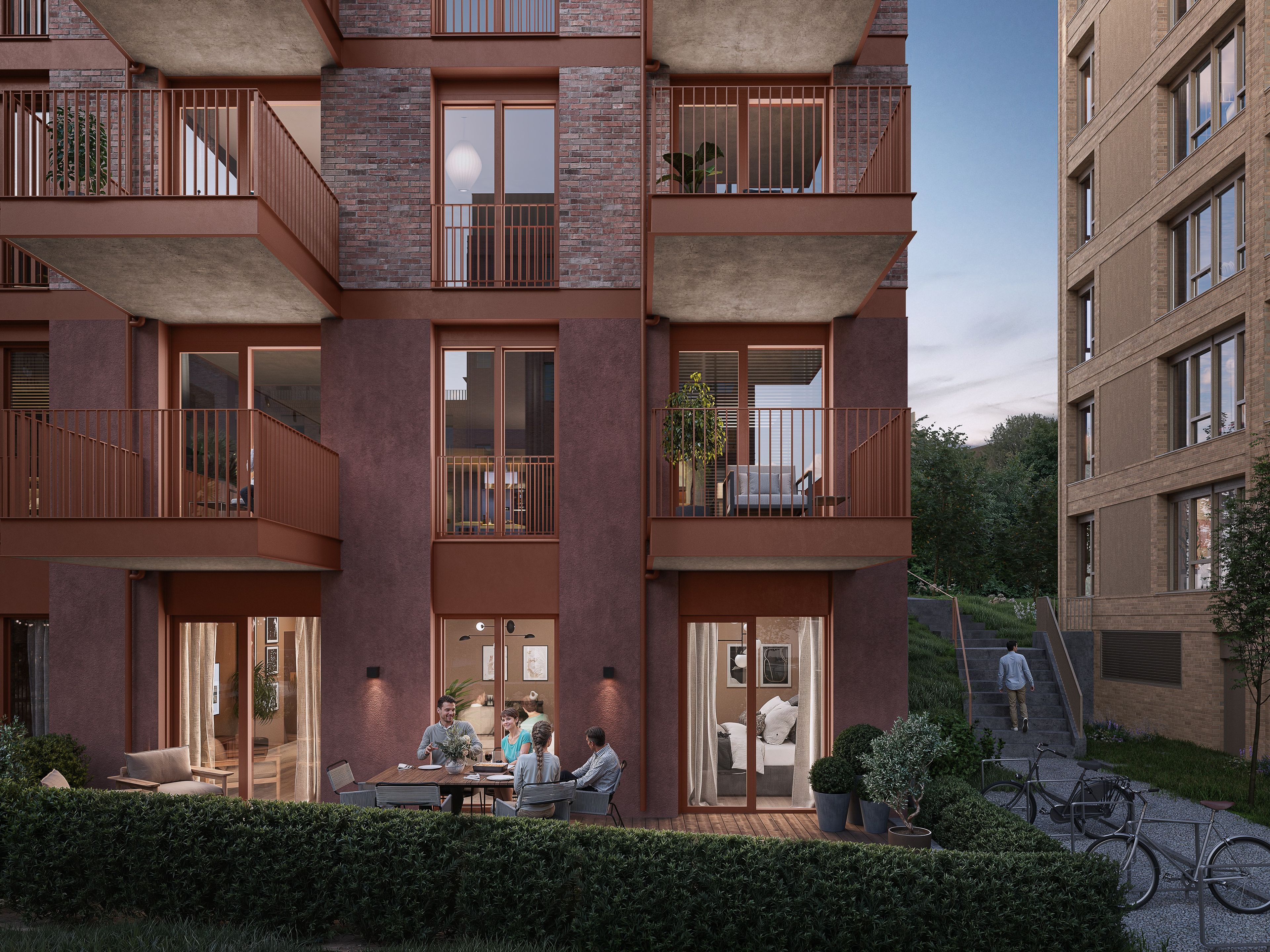 Illustrasjon av fasade og markterrasse i Versalen, Trykkeriet Nydalen