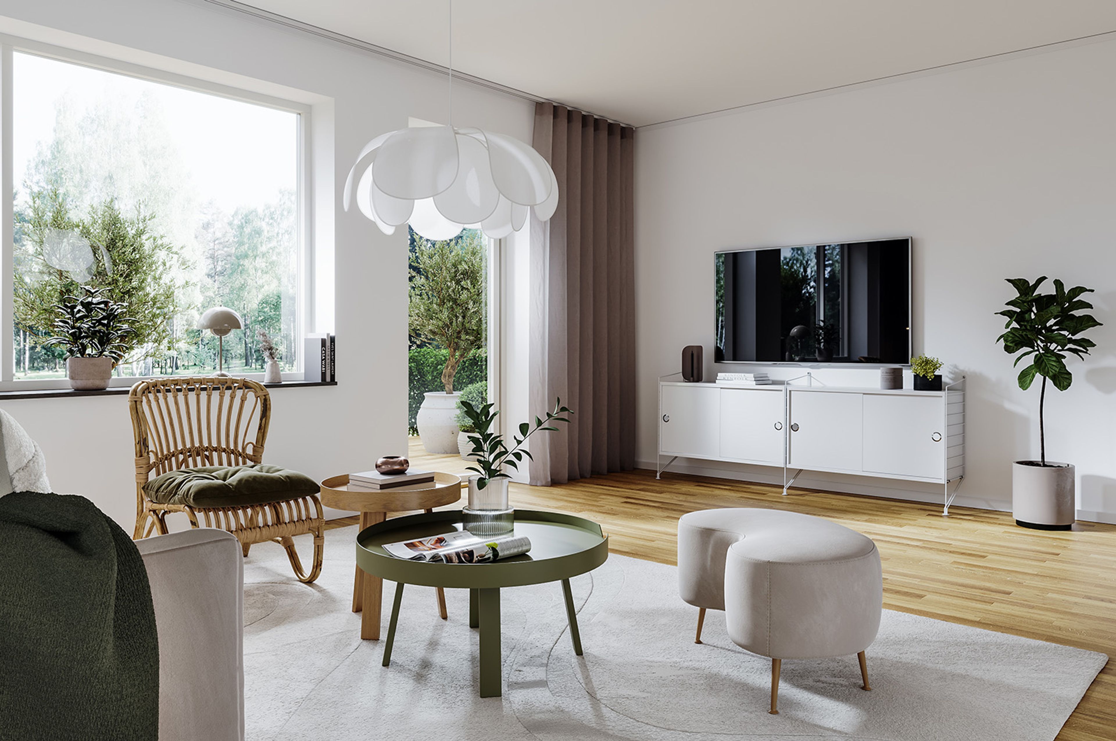 Illustration av ett vardagsrum med TV på väggen och altandörr till trädgården